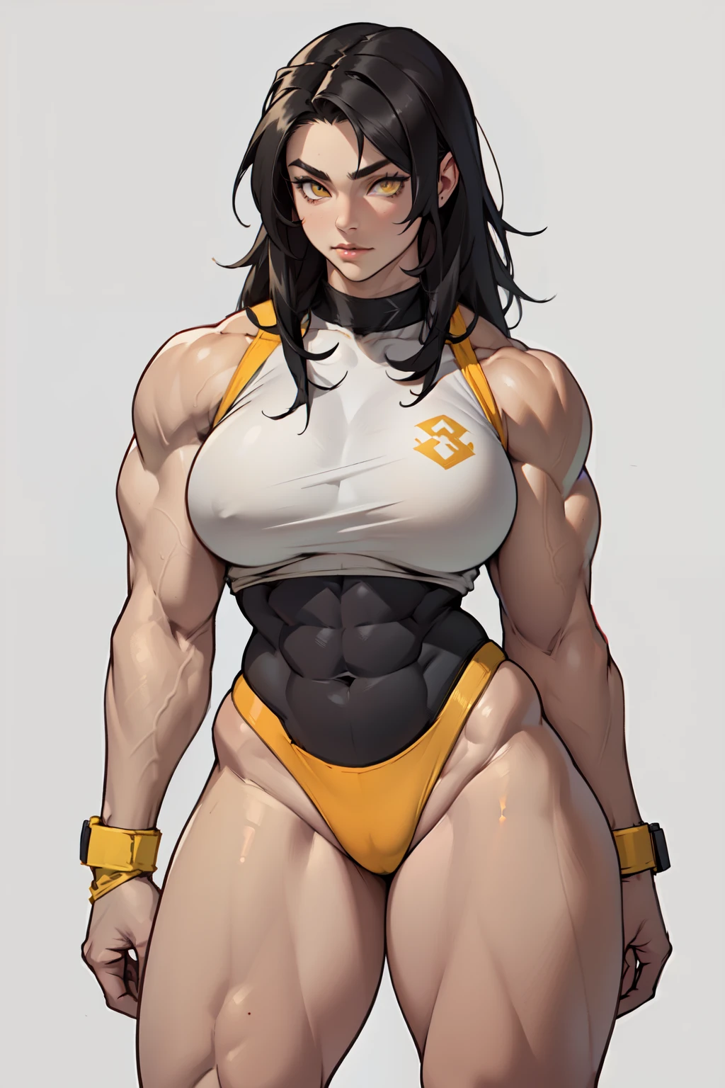 ((((1girl bodybuilder muscular)))) pale skin black hair very long hair yellow eyes long abs ((curvy wide hips thick thighs huge breasts grey background))