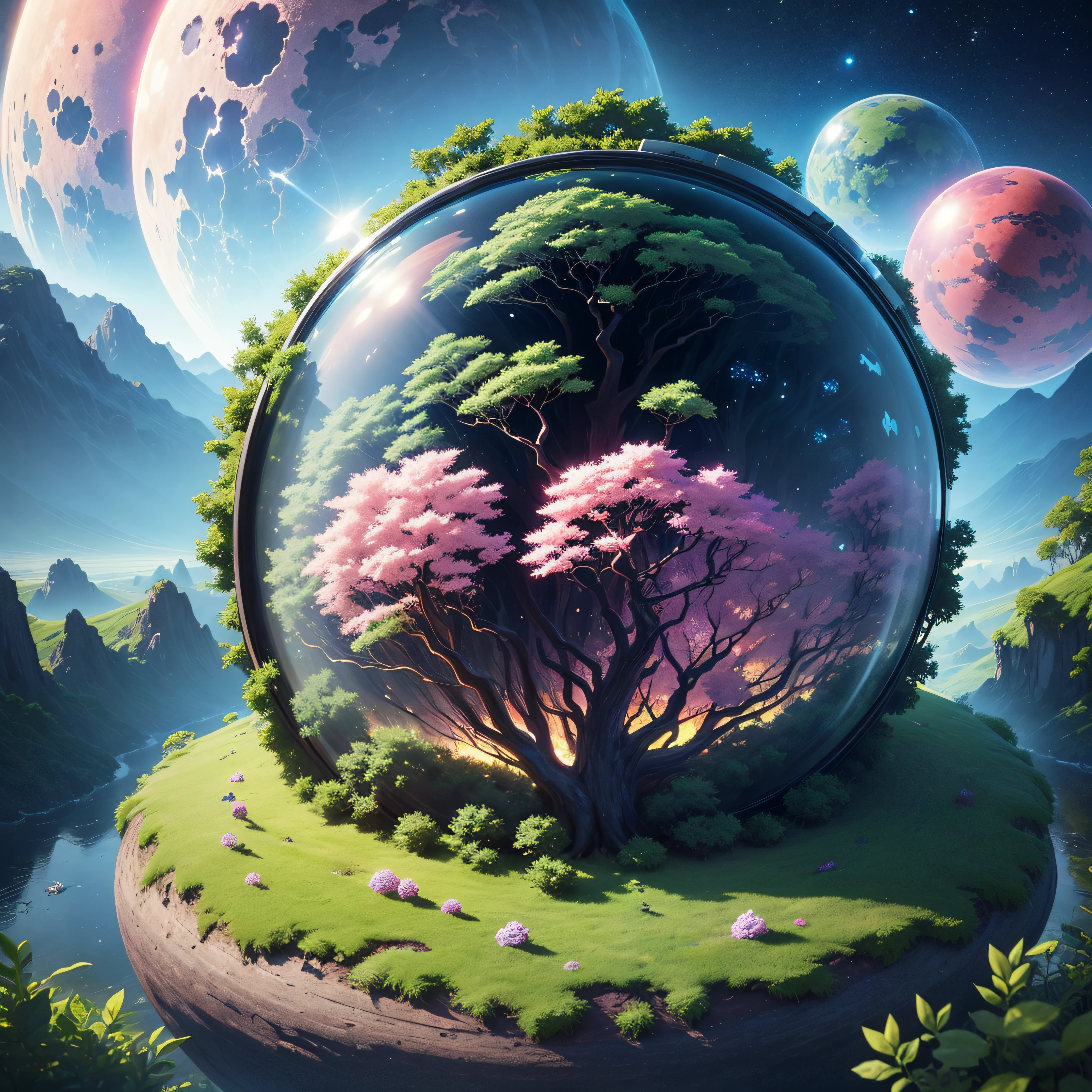 (((masutepiece))) (((Best Quality))) glass sphere, The tree々Close-ups of planets with lots of, Overgrown planet, Green Planet, World of Fractals, A world full of fantasy, Fantasy Planet, dyson sphere, Pink Planet, 3d render beeple, planet landscape, Round planet inspired by Johrah Boschart, planet, A futuristic world, Psychedelic Flower Planet, Ethereal world, (Outgoing Glow) --auto