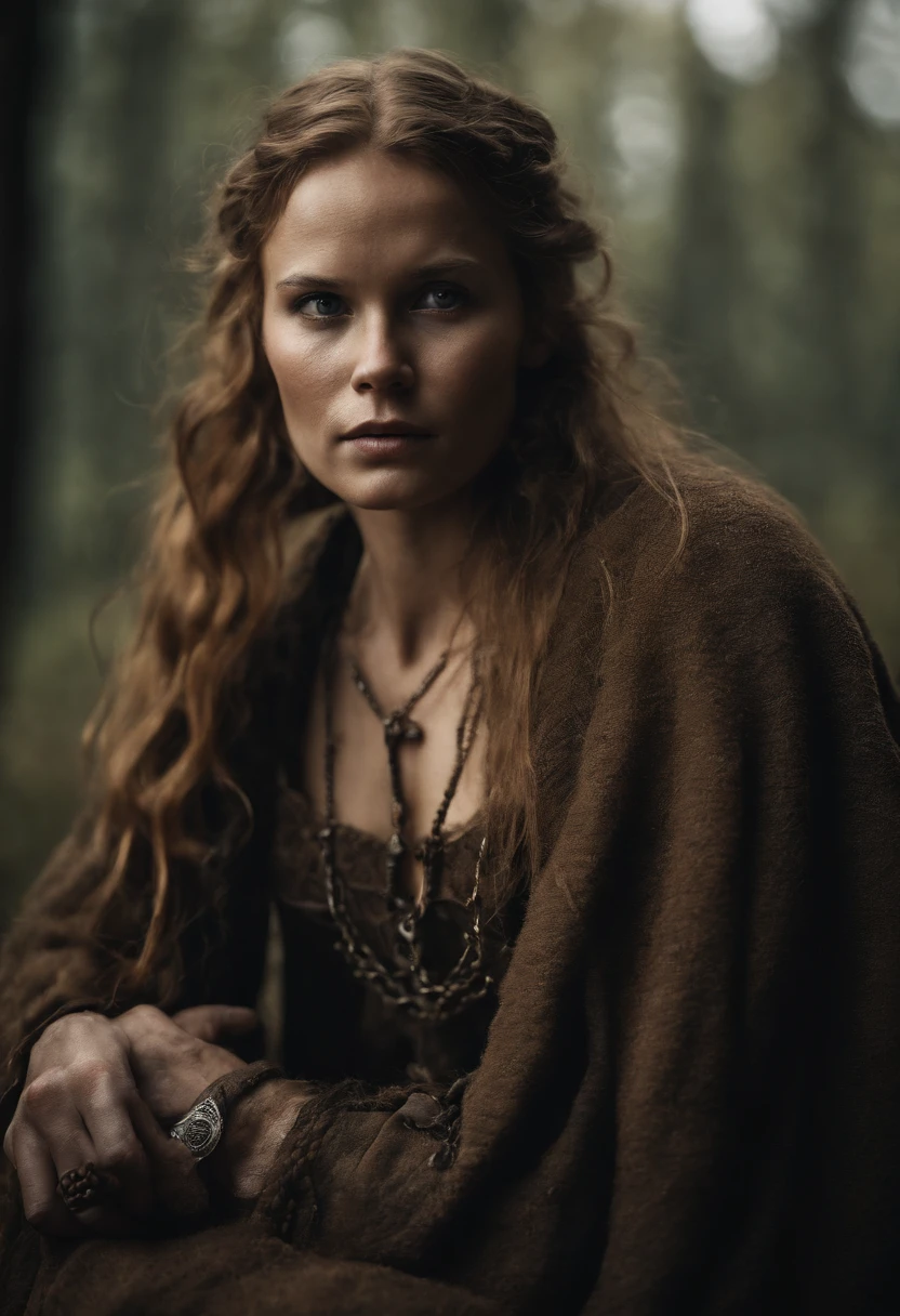 create for me an image of a woman who is a slave to a Viking, She's on his side and she's chained and she's
wearing dirty and torn clothes in a Nordic village