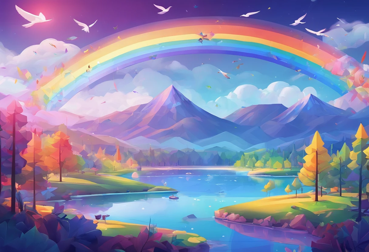 ((Rainbow after rain)),Skysky, blue colors, baiyun, after rainny, rays of sunshine, refractions, Seven colors, Red, Orange, Yellow, Green, Blue, Violet, arc-shaped, A bridge to heaven, llight rays, dream magical, wanting, Calm lake, inverted image, The outline of the tree, Birds fly, freshen, magical, Beautiful natural landscape