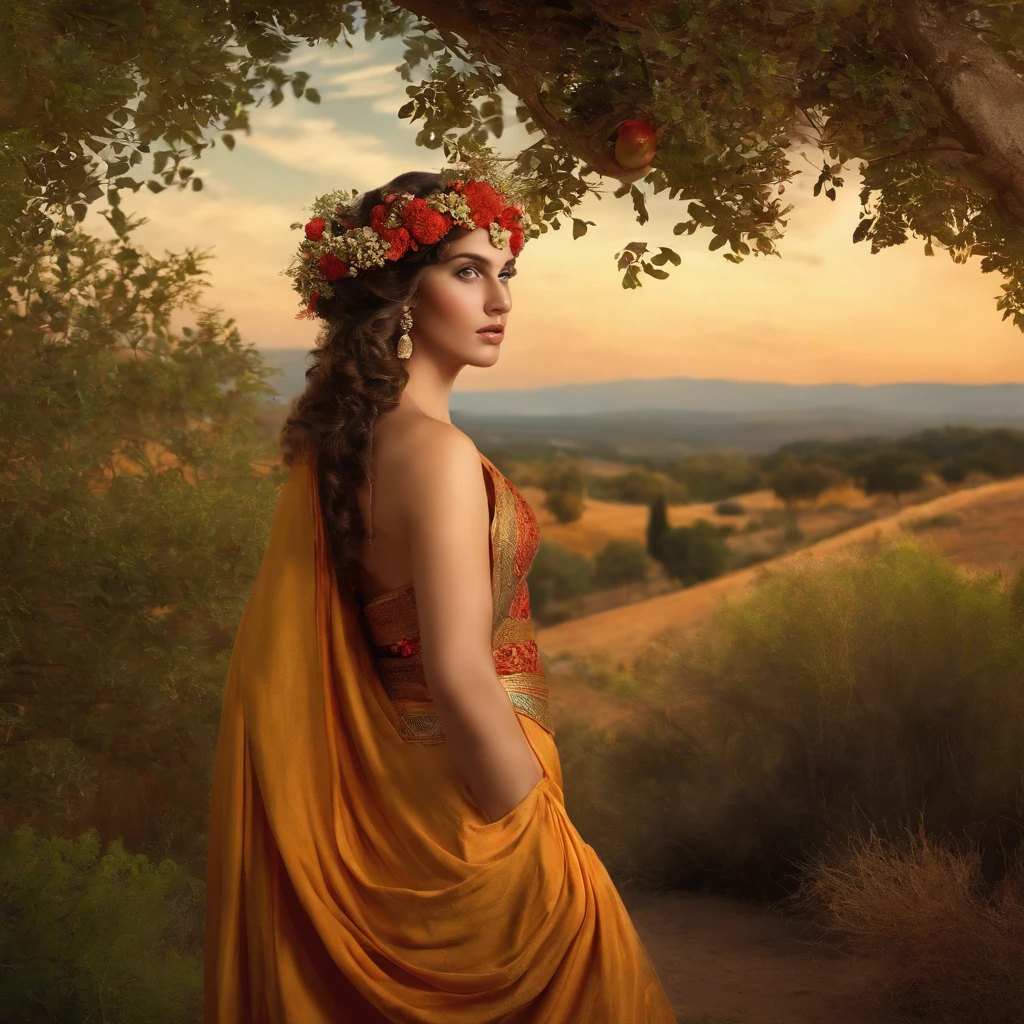 A Greek maenad in a rural landscape
