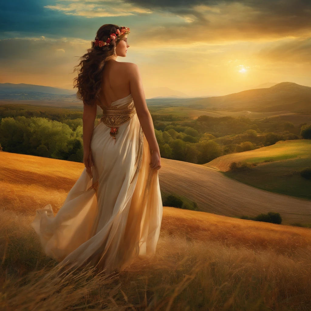 A Greek maenad in a rural landscape