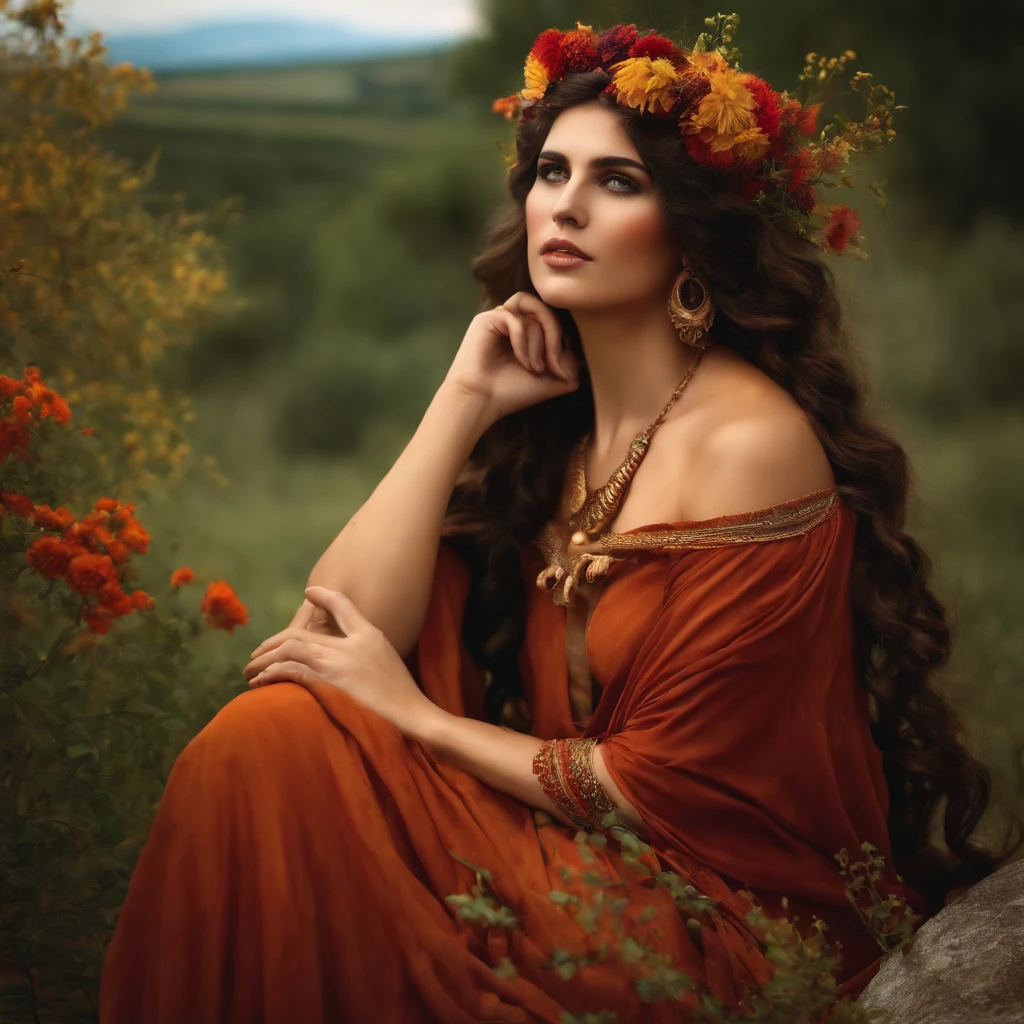 A Greek maenad in a rural landscape