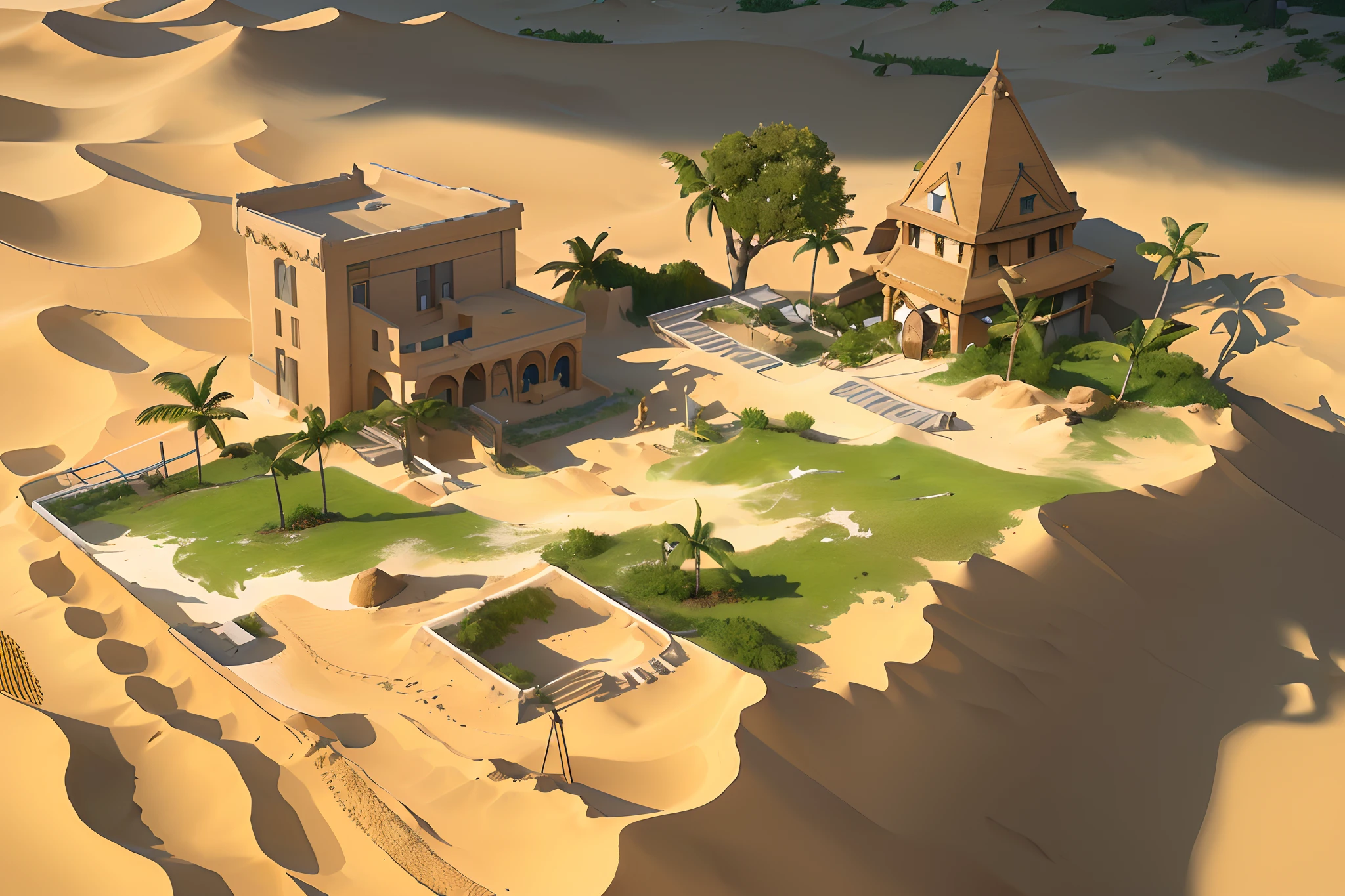 (best quality,highres),ultra-detailed,(realistic:1.37),(concept art),(top-down view),(surface sand table),(game scene sand table),tree,house,scenery,(no humans),(grey background),(outdoors),stairs,building,grass,architecture,rock