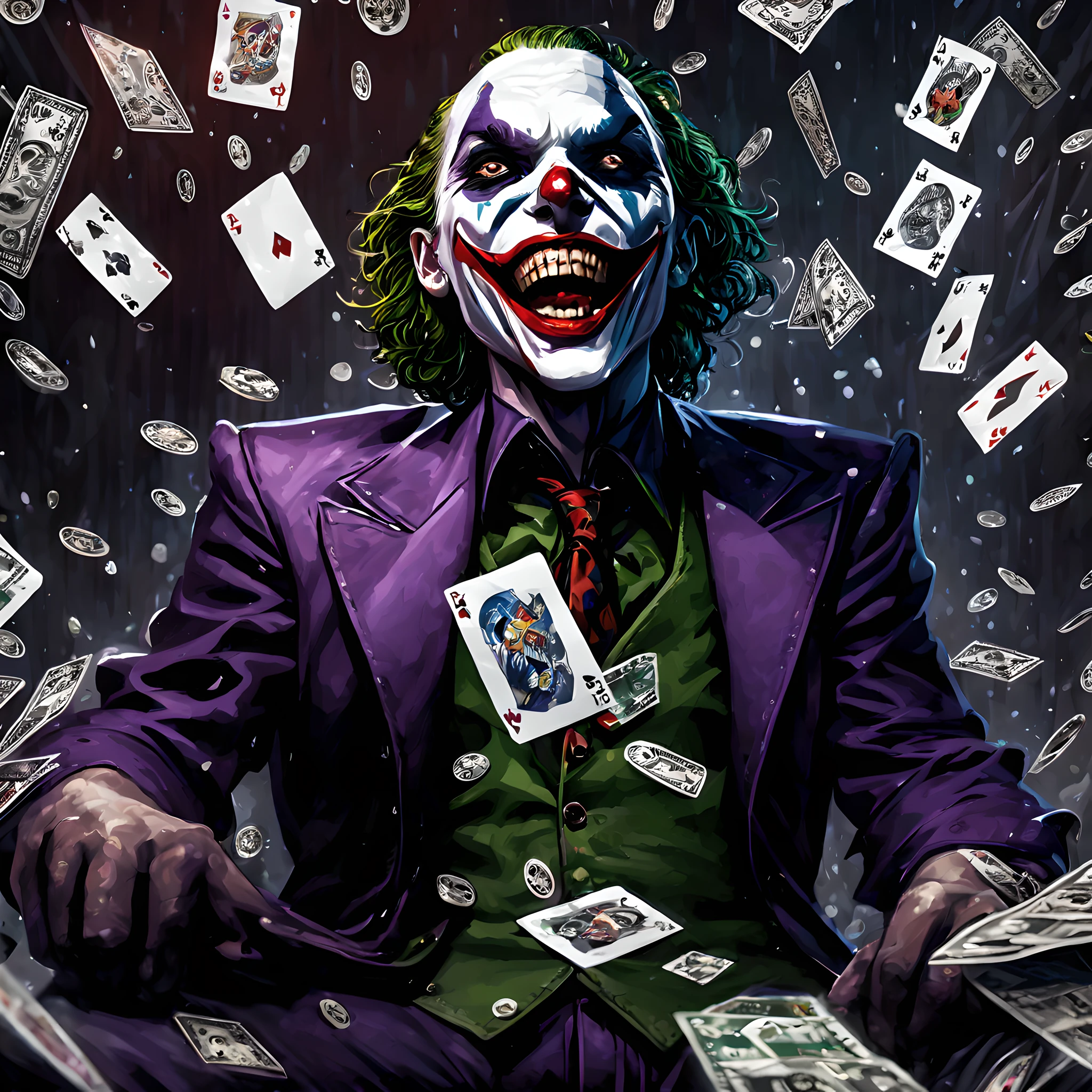 Joker, card, splash playing lots of cards background, at casino, wearing death metal band look, card, dollars, coins, Gotham、