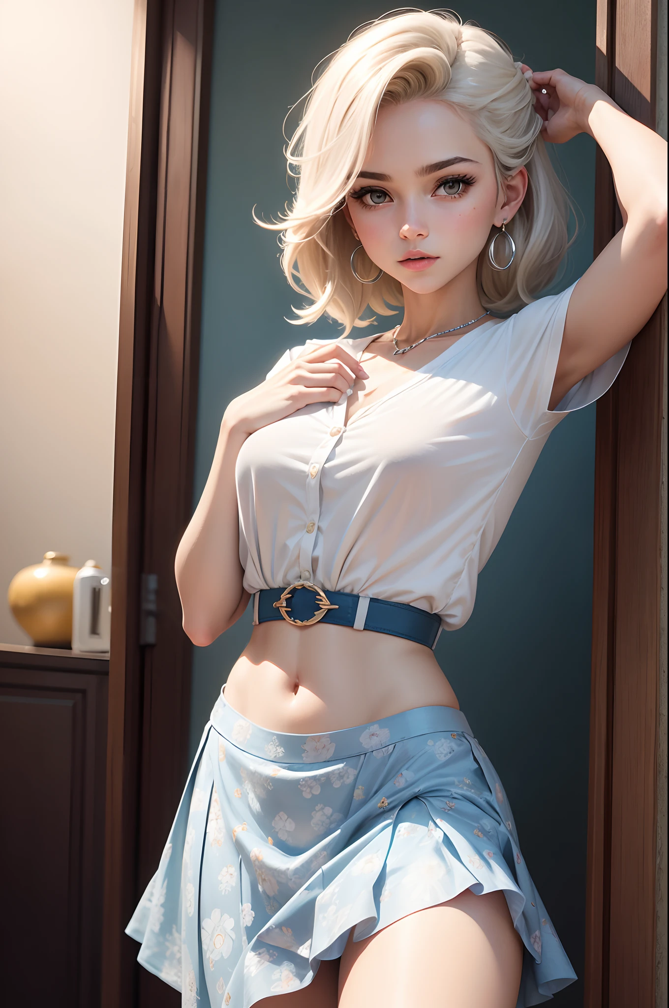 mulher, 30 anos, Uma blusa de manga curta, Feito de leve, flowing fabric, Printed with floral patterns in soft shades of blue and white. Possui um decote em V e detalhes franzidos nos ombros; Medium length round skirt, em tecido plissado na cor pastel, Como um tom de rosa suave. The skirt has an elastic waist for comfort and movement; A pair of ballet slippers in a neutral shade, Como , para dar um toque de delicadeza ao visua;Um cardigan de malha leve em branco, perfeito para vestir nos dias mais frescos. It is slightly transparent, exibindo a estampa da blusa por baixo; A thin and delicate belt to mark the waist and a pair of pearl earrings, adding a touch of elegance to the set. Uma bolsa de ombro em couro branco complementa o look. artistic work, perfection, cabelo escuro azul, surrealismo, 8k, super detalhe. Luzes roxas no cabelo