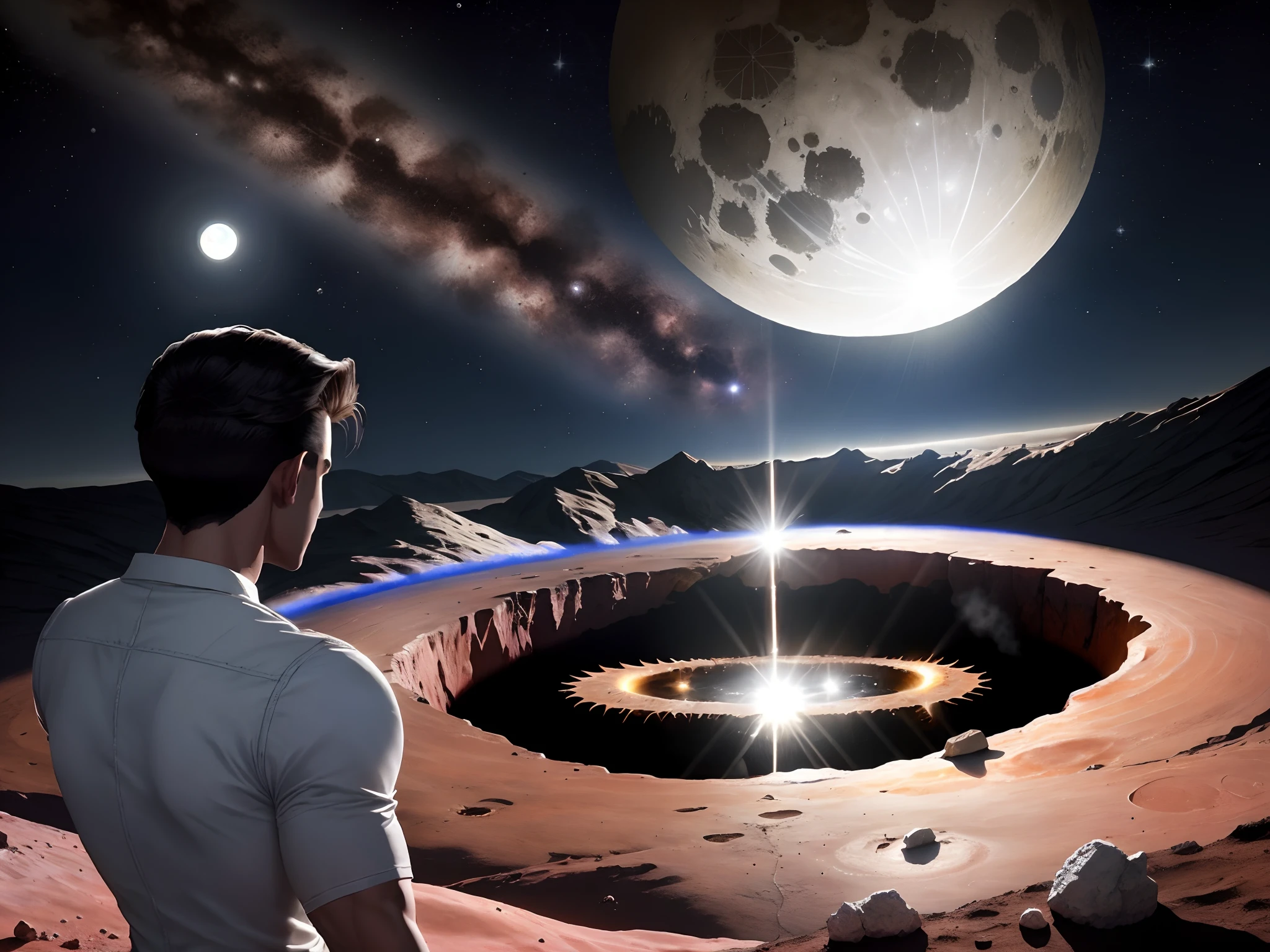 Garoto estrela candente de pele prata e cabelos brancos brilhantes olhos com a lua dentro, In the background he's inside a crater