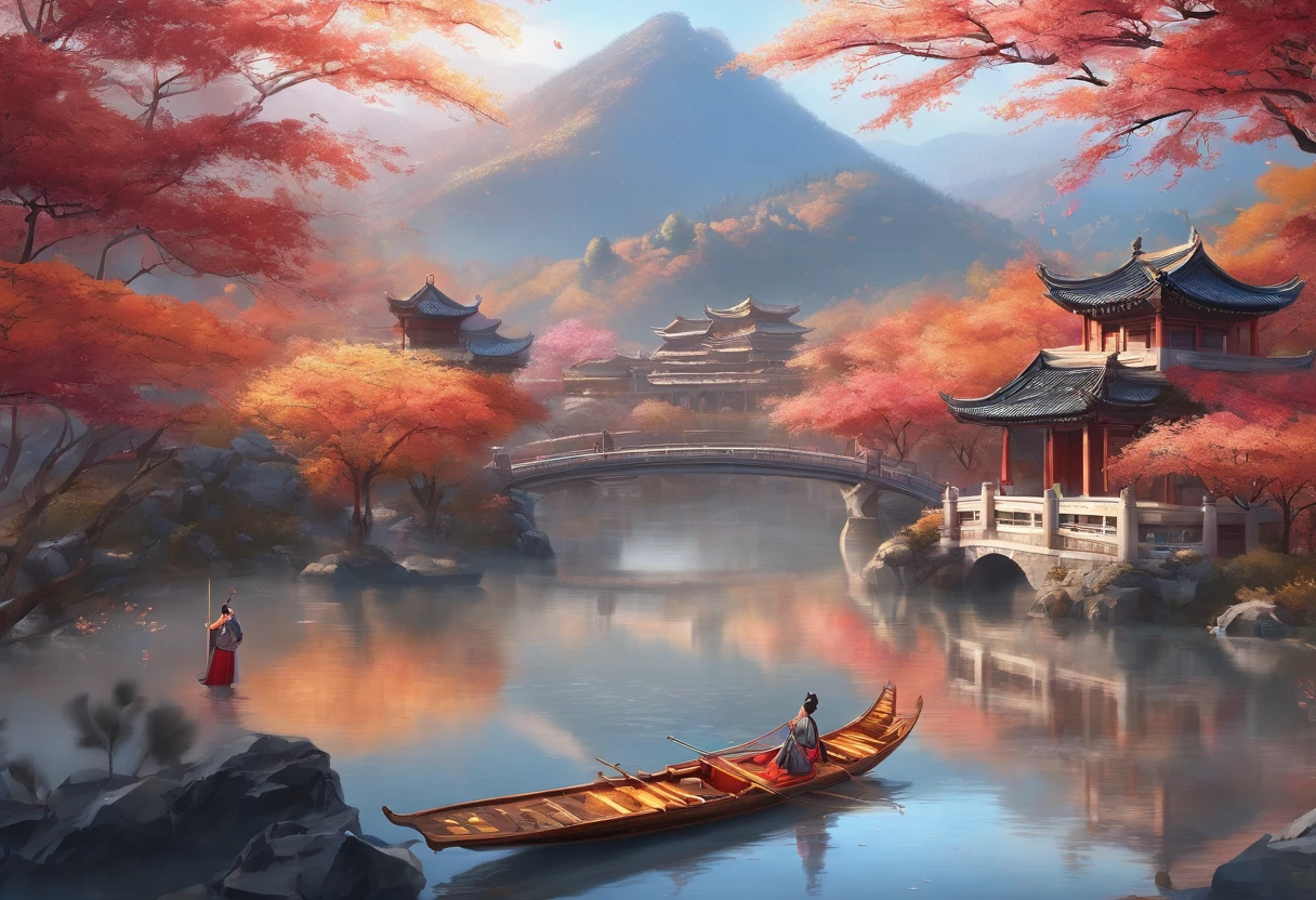 best quality,4k,8k,highres,masterpiece:1.2,ultra-detailed,(realistic,photorealistic,photo-realistic:1.37),traditional Chinese style,beautiful,girl in traditional Chinese costume,serene background,scenic landscape,misty mountains,cherry blossom trees,flowing river,Five-Ram Sculpture,ancient architecture,delicate brushstrokes,rich colors,golden autumn leaves,peaceful atmosphere,cultural heritage,subtle lighting,reflection on the water,poetic and elegant composition,artistic depiction,graceful movements,traditional musical instruments,harmonious blend of tradition and nature