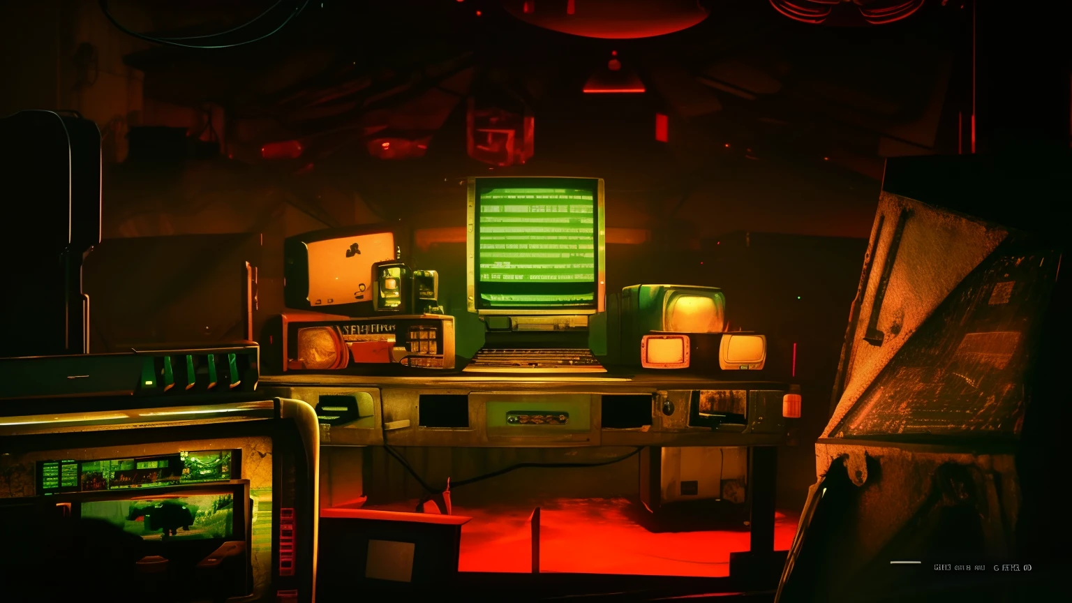 there are many old televisions and other electronic equipment on a table, screenshot from fallout (1997), cyberpunk setting, pc screenshot, frictional games, console and computer, cyberpunk basement, cyberpunk atmosphere, in a darkly lit laboratory room, video game screenshot, videogame still, 1994 video game screenshot, cyberpunk aesthetics