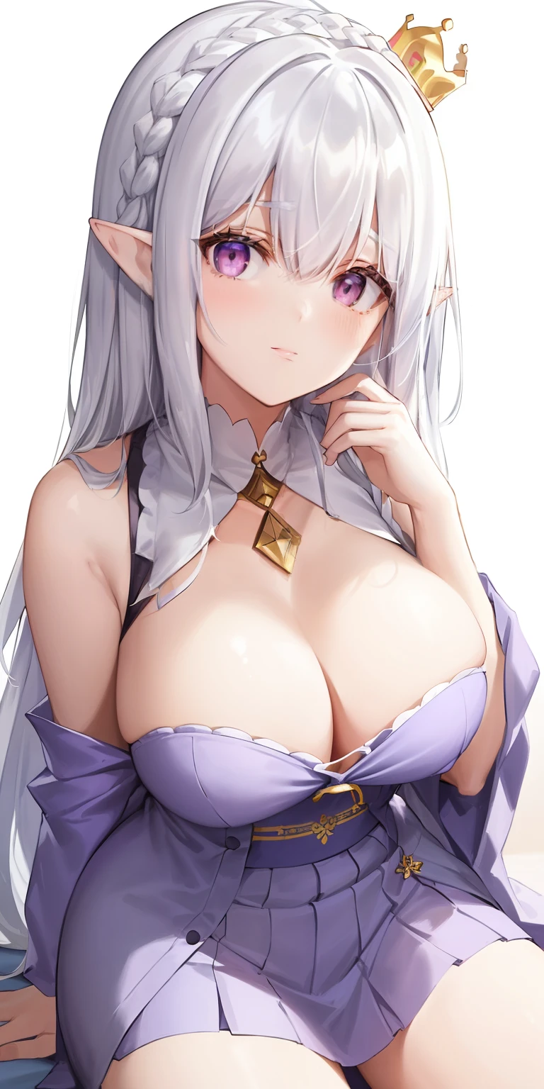 Best quality at best,highly detailed,tmasterpiece,ultra - detailed,(fidelity:1.2),1个Giant Breast Girl,(white backgrounid),simple backgound,Elaborate Eyes,Silvery hair,a purple eye,hair_ornament,(white offshoulder shirt:1.3),Long hair,pointy ears,crown braid,face expressionless,hair straight,(++Sit Pose:1.2),huge tit,There was a young woman,A necklace is worn around his neck, young lovely Korean faces, girl cute-fine face, Soft portrait shot 8 K, jaeyeon nam, beautiful Japanese girl face, portrait cute-fine-face, cute delicate face, Shin Jinying, beautiful portrait image, wan adorable korean face, beautiful aesthetic face, Cute natural anime face
