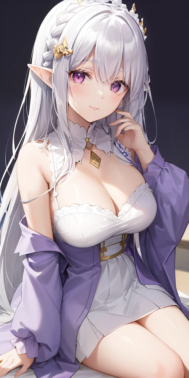 Best quality at best，highly  detailed，tmasterpiece，ultra - detailed，（fidelity：1.2），1个Giant Breast Girl，（white backgrounid），simple backgound，Elaborate Eyes，Silvery hair，a purple eye，hair_ornament，（white offshoulder shirt：1.3），Long hair，pointy ears，crown braid，face expressionless，hair straight，（++Sit Pose：1.2），huge tit，There was a young woman，A necklace is worn around his neck, young lovely Korean faces, girl cute-fine face, Soft portrait shot 8 K, jaeyeon nam, beautiful Japanese girl face, portrait cute-fine-face, cute delicate face, Shin Jinying, beautiful portrait image, wan adorable korean face, beautiful aesthetic face, Cute natural anime face