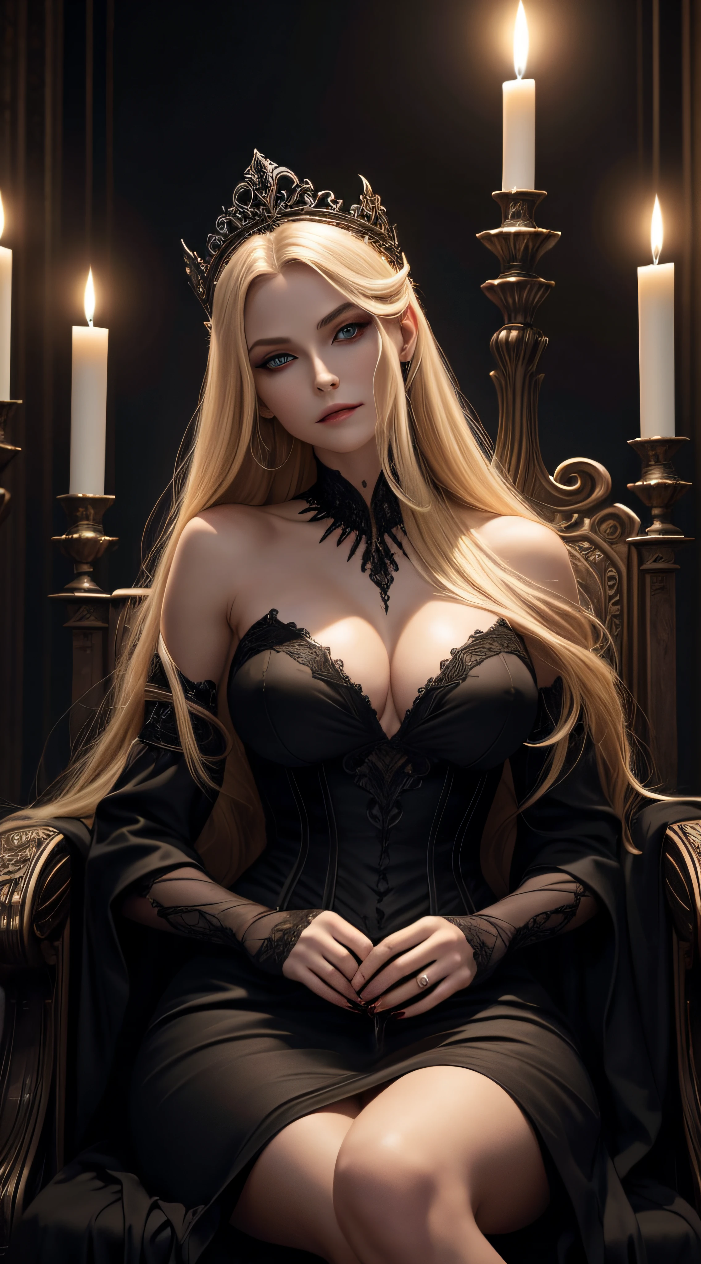 Photorealistic portrait of the vampire queen, sitting on a throne in full height in the frame, l vampire, Sitting in a sexual position and drinking blood from a glass, White glowing eyes, Detailed Face, Her servants are by her side, fangs, Smiling, Streaks of blood, full - body, beautiful big breasts, dark makeup, eye liner, Mesmerizing eyes, well-defined cheekbones,,Embossed jawline, Beauty with long blonde hair, Black Dress,, elegance, grace, natural beauty, attraction , charisma, многосторонность, photogenic, The Dark Castle, Dark, candle lights, Deep Night, cos, shrouded in darkness,, Form-fitting silhouette, Glowing eyes in the dark