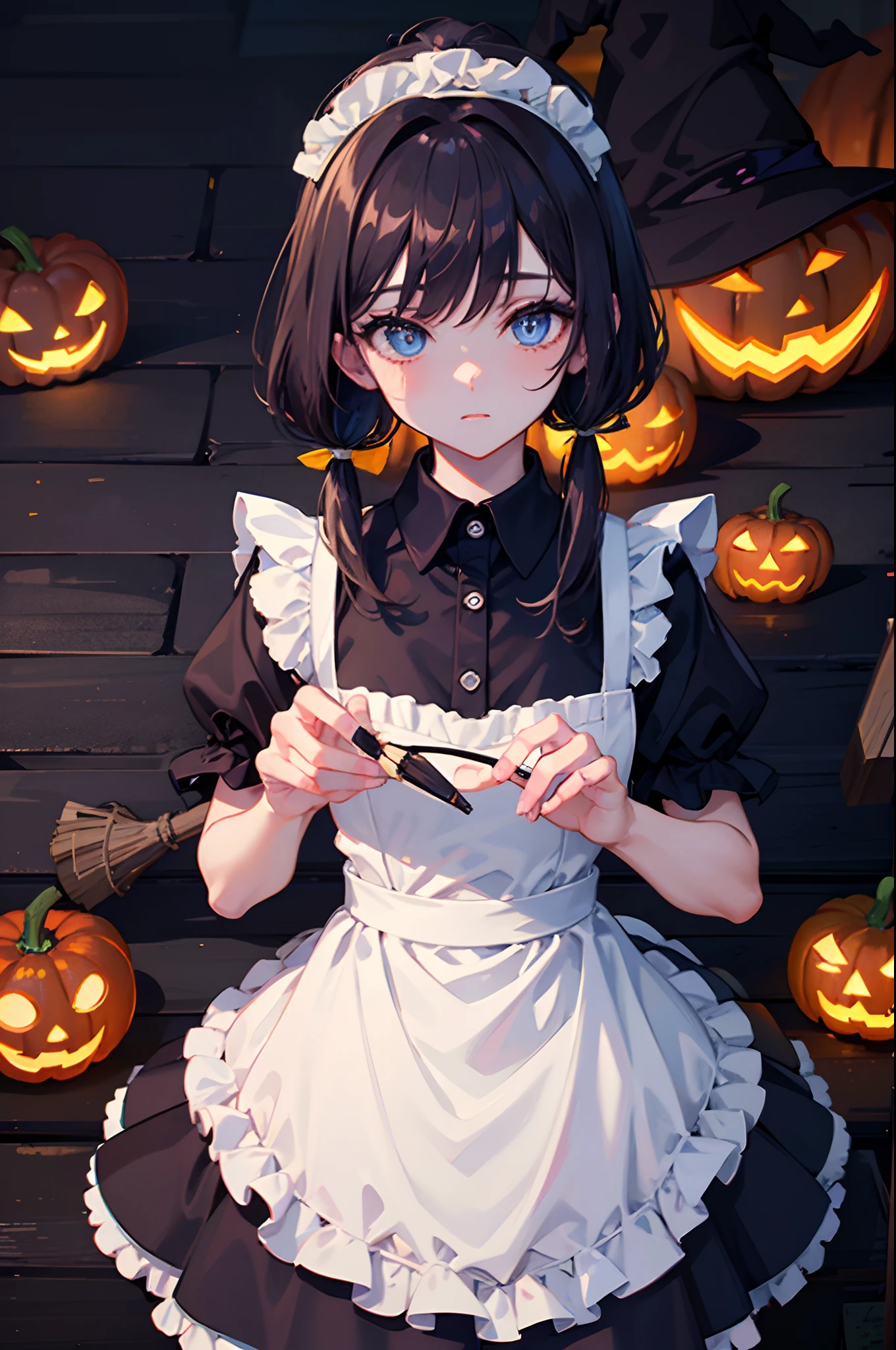 Dark hair blue eyess poneyTail borgar Halloween maid clothes Witch's broom pumpkins masterpiece Top image quality Clear anime colours cinematic shadow Increased attractiveness of the eyes Clear the shine of the eyes Draw eyelashes neatly Perfect Eye A detailed eye Sharpen image quality Sharpen eye writing Clear eye shape