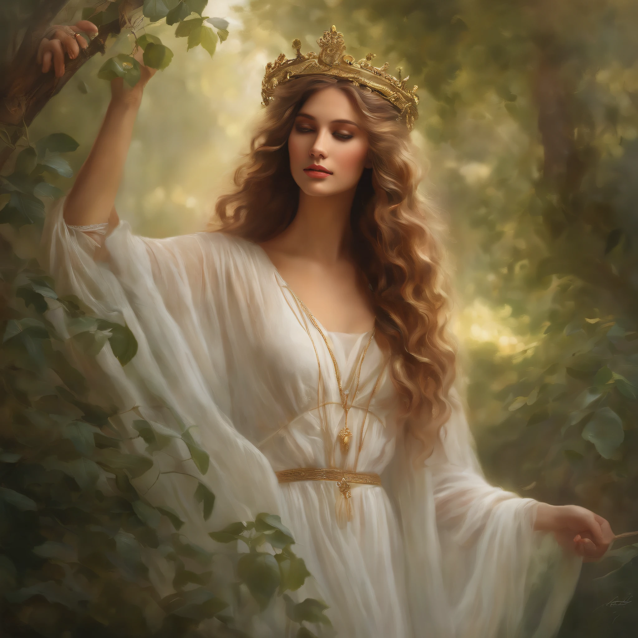 (best quality,highres),A Greek maenad,beautiful detailed eyes,beautiful detailed lips,flowing locks of hair,golden crown,wearing a flowing white dress,floating-like movements,dancing in a rural landscape surrounded by lush greenery,with sunlight filtering through the trees,misty atmosphere,soft pastel tones,hint of golden light,ethereal and dreamlike,painted with oil on canvas,impressionistic style,vibrant brushstrokes,classic Greek mythology,subtle details of flowers and vines intertwining,the sound of birds chirping and leaves rustling in the breeze.