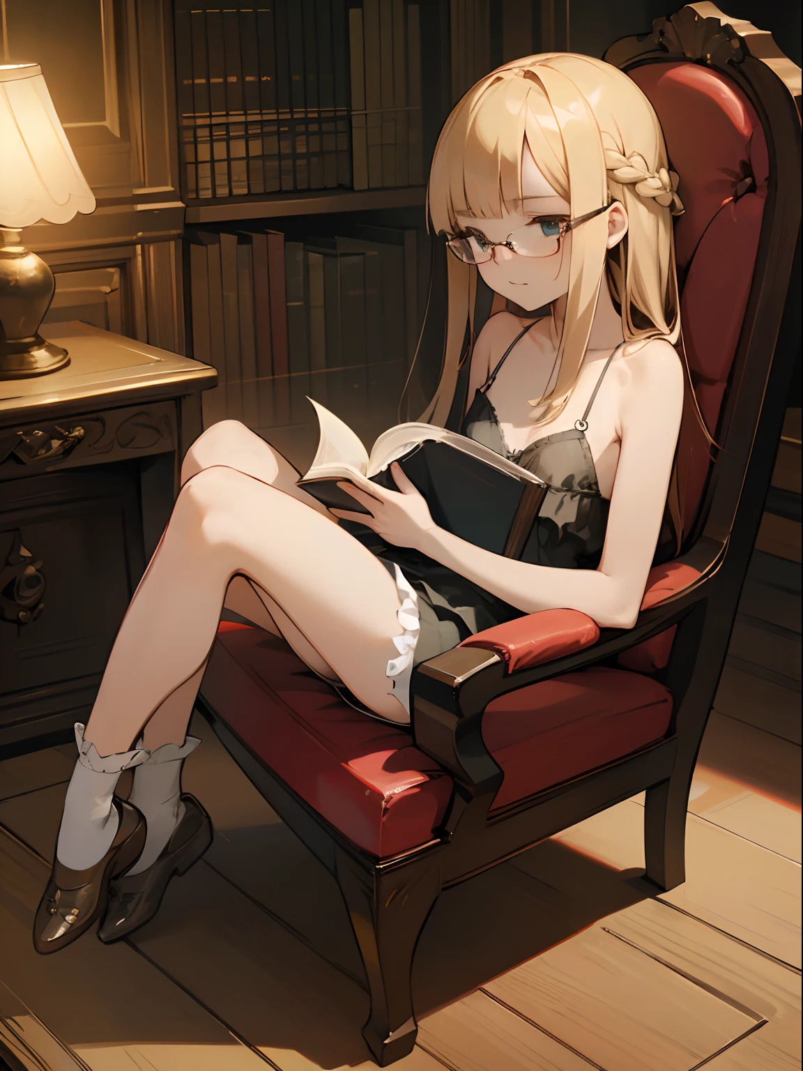 Reines, 1girl, high quality, best quality, illustration, masterpiece, (highly detailed:1.2), (extremely detailed:1.3), flat chest, bare shoulders, young girl, lingerie, pajamas, braid, petite, , in a library, sitting on chair, innocent smile, specular lighting, smooth skin, holding a book, wearing glasses, wearing shoes with socks, full body