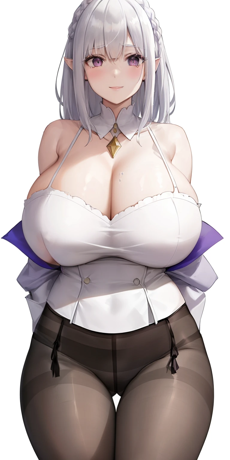 Best quality at best，highly  detailed，tmasterpiece，ultra - detailed，（Fidelity：1.2），1个Giant Breast Girl，（white backgrounid），simple backgound，Elaborate Eyes，Silvery hair，a purple eye，Hair_decorations，（white offshoulder shirt：1.3），Long hair，pointy ears，crown braid，face expressionless，hair straight，（++Sit Pose：1.2），huge tit，There was a young woman，A necklace is worn around his neck, young lovely Korean faces, girl cute-fine face, Soft portrait shot 8 K, jaeyeon nam, beautiful Japanese girl face, portrait cute-fine-face, cute delicate face, Shin Jinying, beautiful portrait image, wan adorable korean face, beautiful aesthetic face, Cute natural anime face Portrait style photo, Portrait photography, voluminous lighting, one-girl, Wicked smile, Dynamic lighting blonde，White color blouse, soft, Perfect, Pale skin;, Perfect white haired girl, Soft portrait shot 8 K, pale glowing skin, Girl with gray hair, Beautiful pale makeup, soft pale golden skin, soft pale white skin, high quality portrait, Natural soft pale skin, medium portrait soft light, White-haired girl, hair light, Casual style of clothing,, long whitr hair, White colored hair, chuuChloe,Masterpiece, Masterpiece,Best quality,offcial art,Extremely detailed CG unifies 8K, 8K, Diamond, and Wallpaper, Best quality, Bare_bshoulders, side-tie_Bikini, Victorian, black sock, Transparent underwear, ((((Torn pantyhose)))), (((((Huge breasts))))), Short hair, Gradient hair, two tone color hair, Wet hair, Hair down, Forehead, alternate hairstyle, hair slicked back, crown braid, Braided bun, hair-bun, diagonal bangs, Asymmetrical bangs, alternate hair length, Absurdly long hair, Very short hair,(((short detailed hair))))((Ballet))))(((Emotional movement))))Comb the hair on one side，Transparent top，((Strangling feeling))，dual horsetail(((Emotive expressions, (((gigantic cleavage breasts,))), ))))model posing ，Lace，((((Forehead))))in a colorful fantasy realism style, kawaii art, yanjun cheng, Glowing portrait, Realistic hyper-det