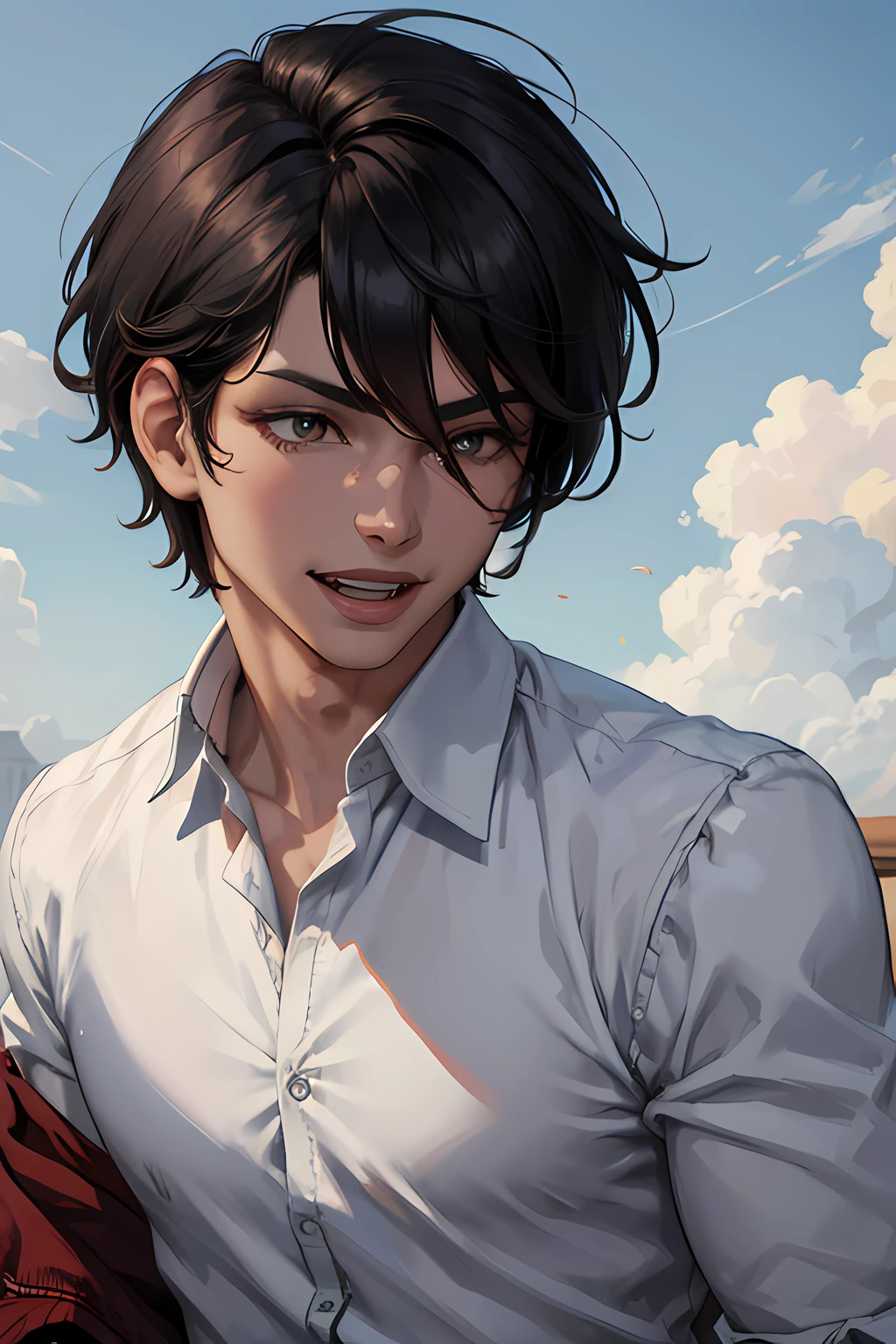 1men, portrait, 25 years old, laughing, crazy, black hair, golden eyes, short hair, white shirt, blood, solo, spectator look, upper body, sky, (masterpiece:1.2, best quality)