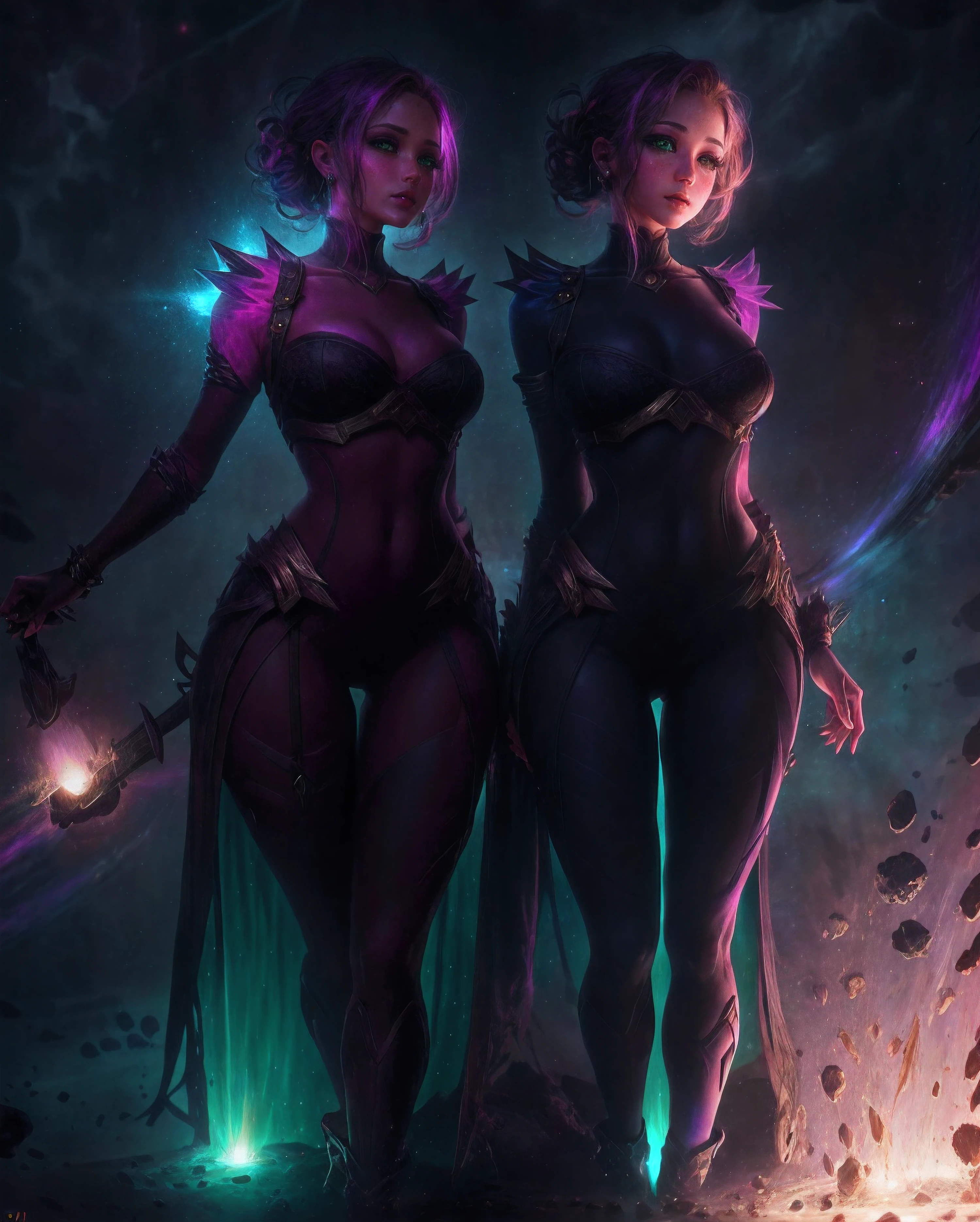 sexy girl with green eyes, thigh gap, Violet luminous rays, dark fantasy portrait, Side Shot, (Cheeky face), realistic 4k digital art, (Gloomy color scheme:1.5)