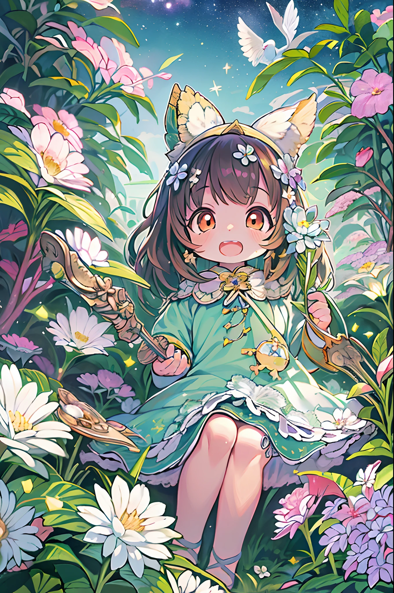 of the highest quality, high_resolution, Distinct_image, Detailed background, girl, flower, garden, Starry sky,、Chibi、Giant chubby、Ultramammy、