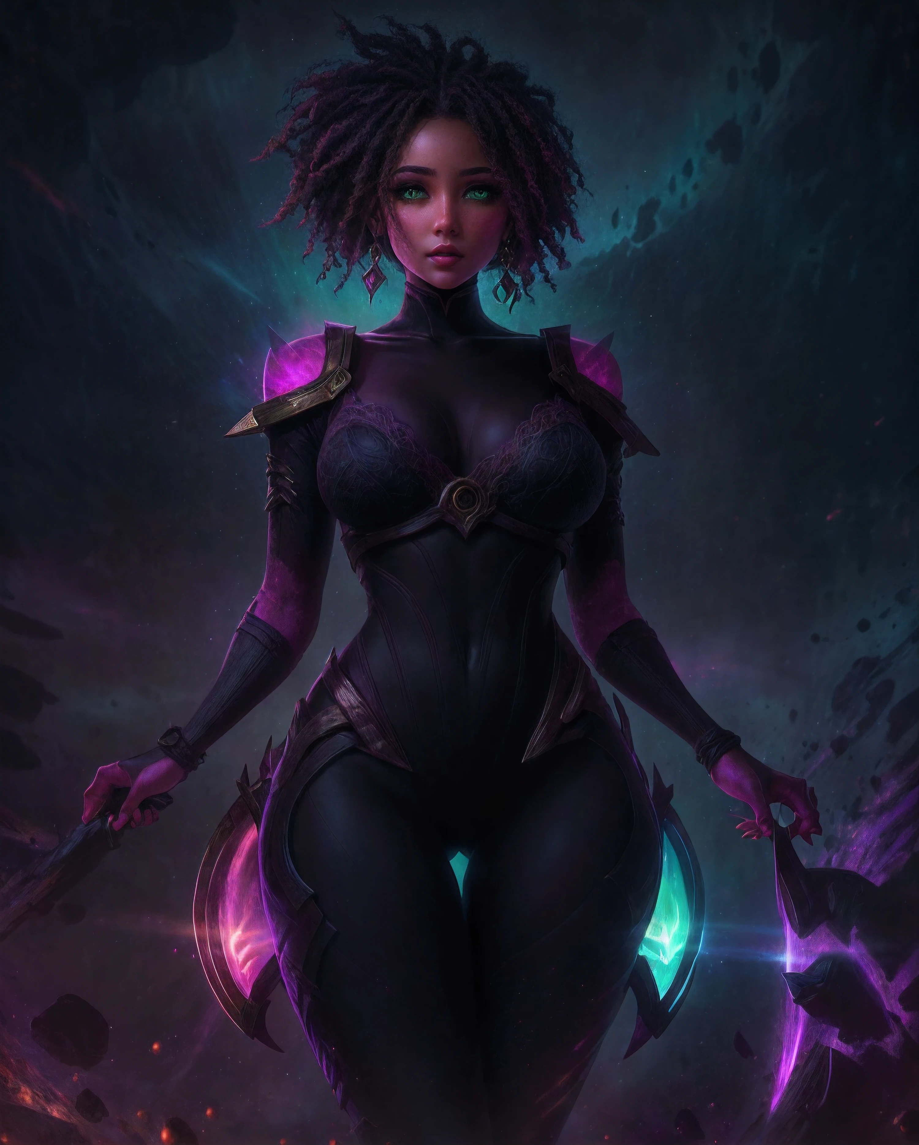 sexy girl with green eyes, thigh gap, Violet luminous rays, dark fantasy portrait, Side Shot, (Cheeky face), realistic 4k digital art, (Gloomy color scheme:1.5)