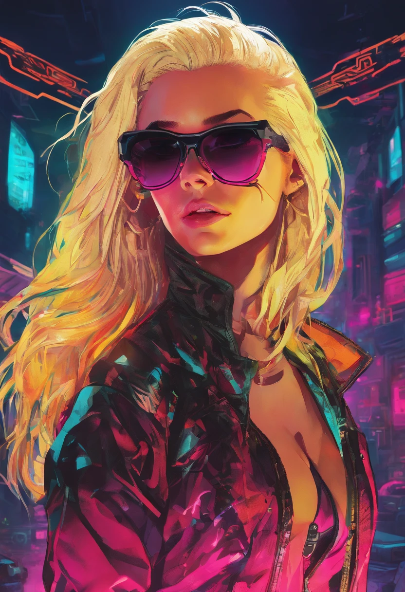 Blonde woman and black jacket pose for photo, high quality portrait, Blonde Girl, Perfect white-haired girl, Ava Max, digital art. realistic photo, Inspired by Károly Lotz, made with photoshop, Hyperrealism art style, Digital Art Images, digital art!!, CL, Realistic digital painting, Blonde hair and big eyes,(high-detail: 1.2), (Canon EOS R6 Best Quality: 1.2), (10: 1.0), (MBRF-BISO: 1.0), (Many large black tattoos on the open cybernetic head in the center show the inside., detailed face, Highly detailed eyes and high-tech sunglasses with holographic display 1.2), crisp focus (awarded photograph: 1.2), (Spread under the soil surface.: 1.2), (Spread under the soil surface.: 1.2). 1.1) (Beautifully detailed robots: 1.2), ( Highly detailed hair: 1.2), (Excellent body.: 1.2), (full entire body: 1.2), (dynamic posture :1.2), Fluorescent Neon, (Cybernetic eyes in detail:1.1), close up shot (Hyper-Realistic:1.2), Role-playing games, Cyberpunk Style 2077, dramatic light, (Highly detailed futuristic cityscapes:1.2), (Science fiction: 1.2). 1.2), Professional portrait photography, by wlop Greg Rutkowski, Jeffrey Simpson, Alphonse Mucha