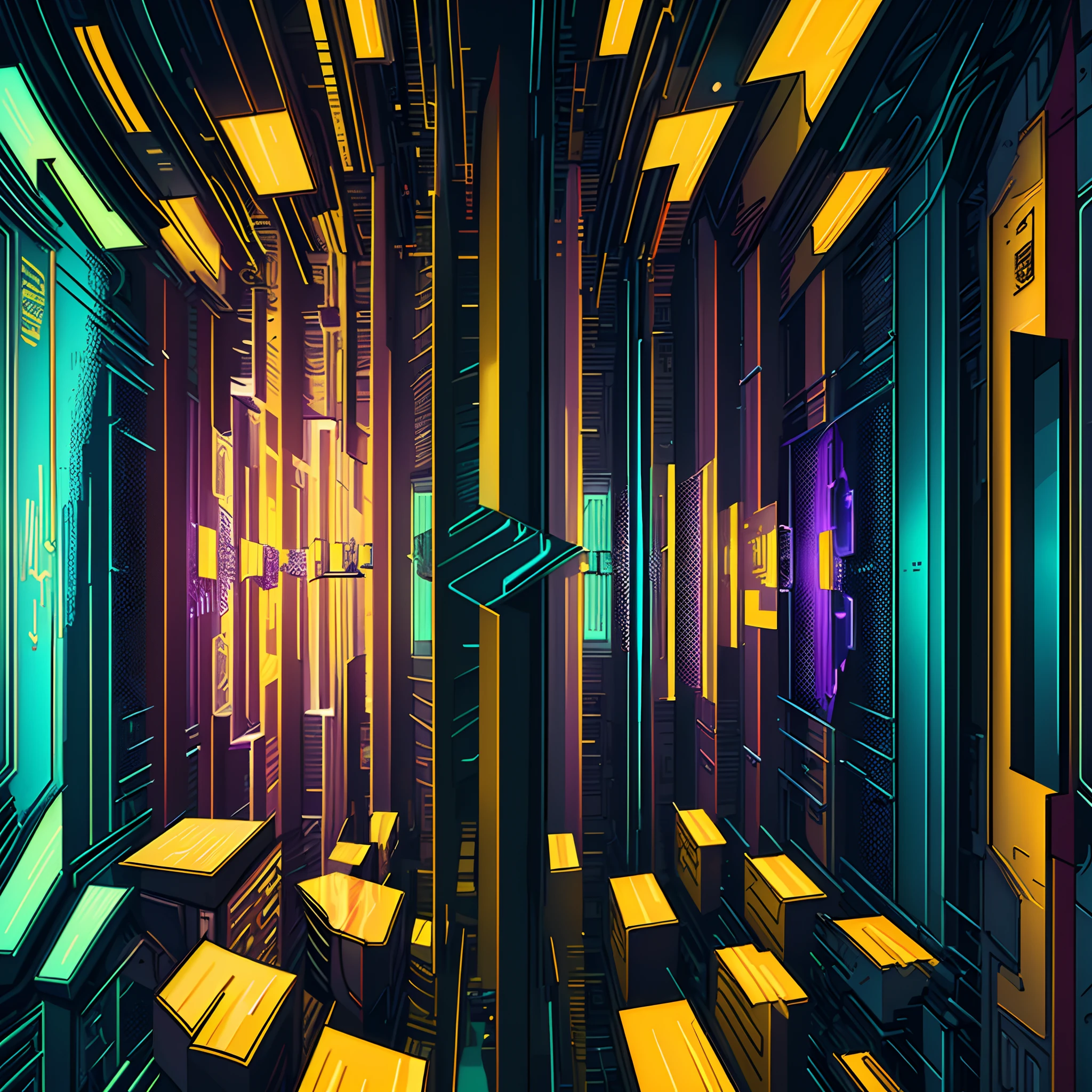 there is a digital painting of a cross in a maze, in style of futurism.digital art, the nonlinear. digital painting, in style of digital painting, abstract conceptual, in style of digital art, retrofuturist liminal space, digital art - n 5, maze of streets, digital art but photo, claustrophobic and futuristic, interior background art