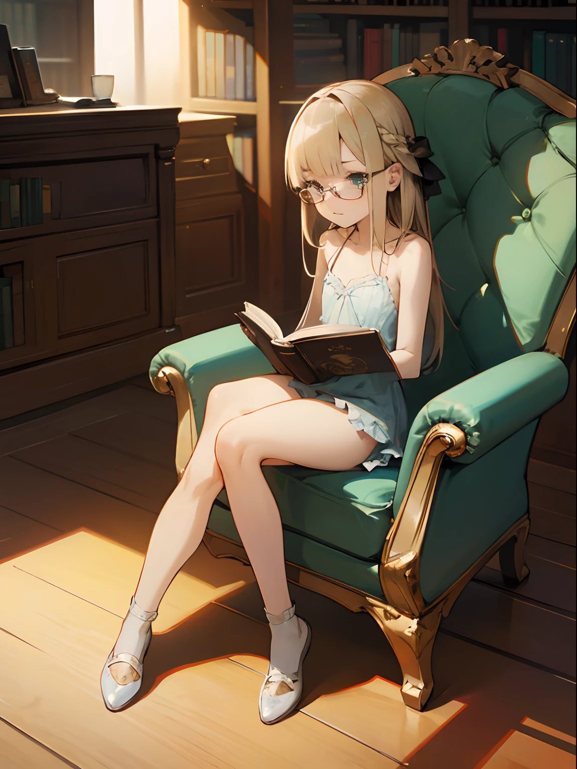 Reines, 1girl, high quality, best quality, illustration, masterpiece, (highly detailed:1.2), (extremely detailed:1.3), flat chest, bare shoulders, young girl, lingerie, pajamas, braid, petite, ****, in a library, sitting on chair, innocent smile, specular lighting, smooth skin, holding a book, wearing glasses, wearing shoes with socks, full body, detailed face