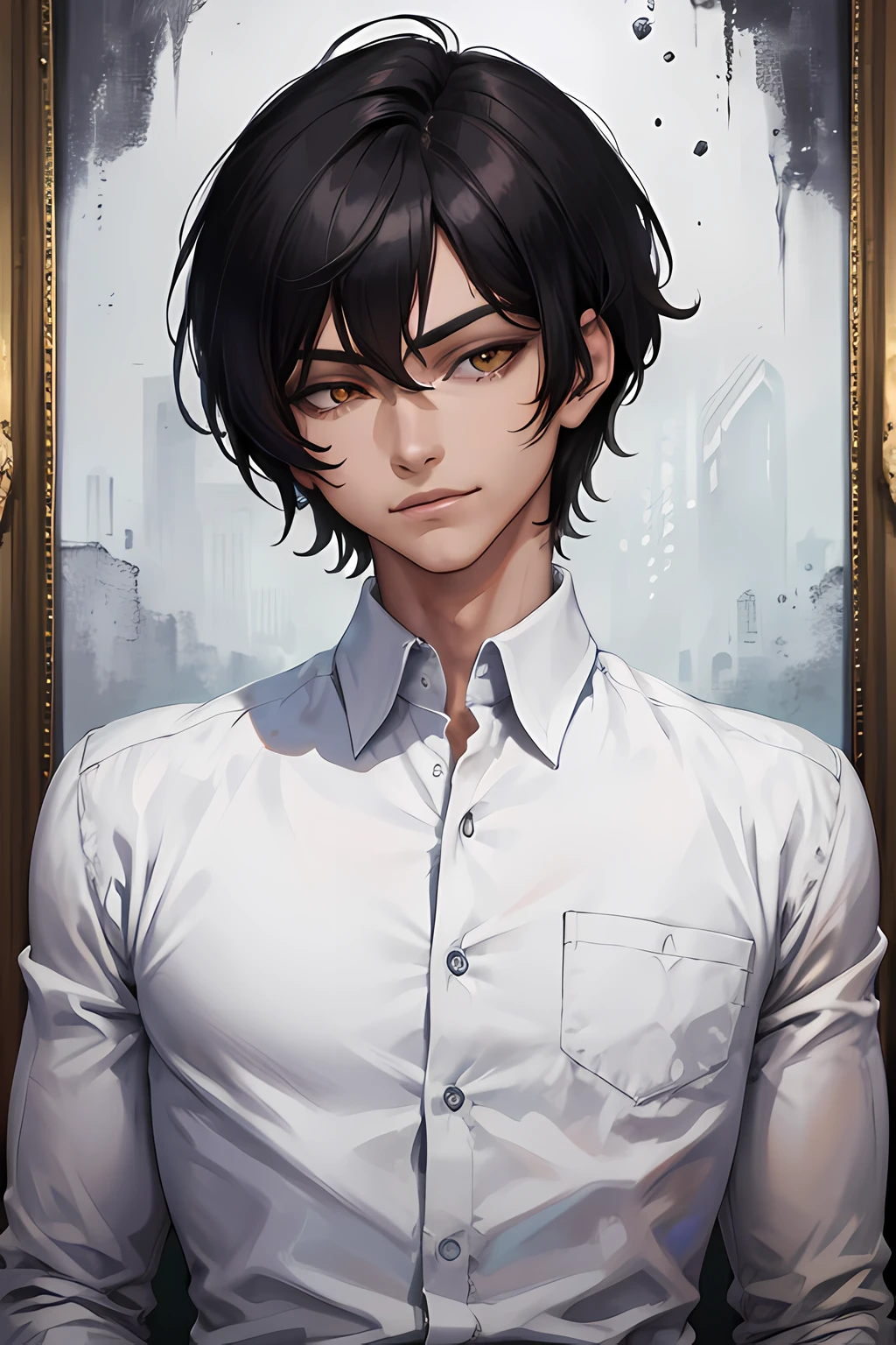 1men, portrait, 25 years old, closed mouth, smirk, black hair, golden eyes, short hair, white shirt, blood, solo, spectator look, upper body, sky, (masterpiece:1.2, best quality)
