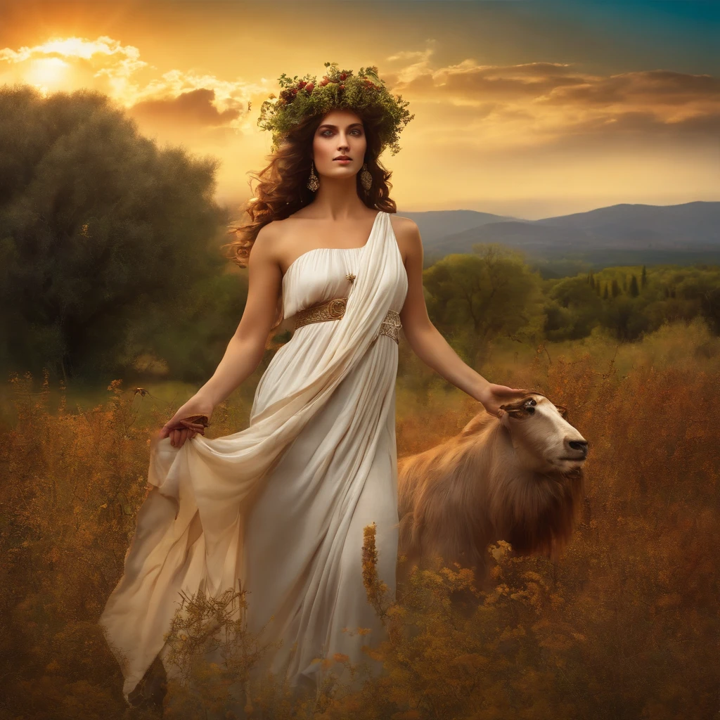 A Greek maenad in a rural landscape from Ancient Greece, woman devotee of God Dionysus