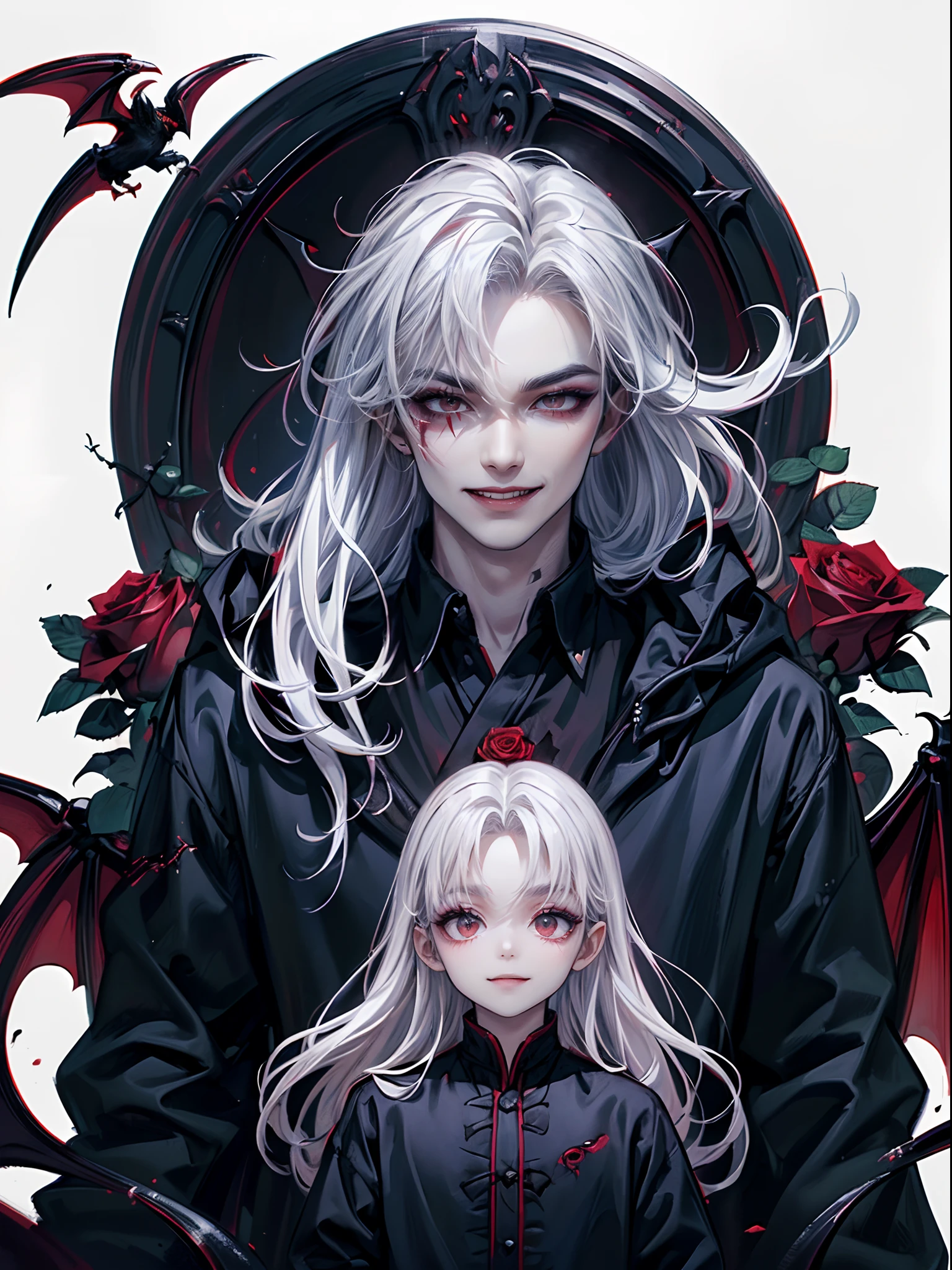 ((4K works))、​masterpiece、（top-quality)、((high-level image quality))、((One beautiful vampire man))、Slim body、((Vampire Black Y-Shirt Fashion))、(Detailed beautiful eyes)、((Red roses and crows on fantastic black background))、Inside the Evil Castle、((Face similar to Chaewon in Ruseraphim))、((Long-haired man))、(((white  hair)))、((Smaller face))、((Neutral face))、((Red Eyes))、((Korean Male))、((18year old))、((wild boy))、((Show your teeth and smile))、((Korean makeup with black eyeshadow))、((elongated and sharp eyes))、(((Shot alone)))、((Vampires))、Vampire Photos、Villain、Dark Proof、((Shot diagonally from the side))、Vampire Pose、King of Fallen Angels