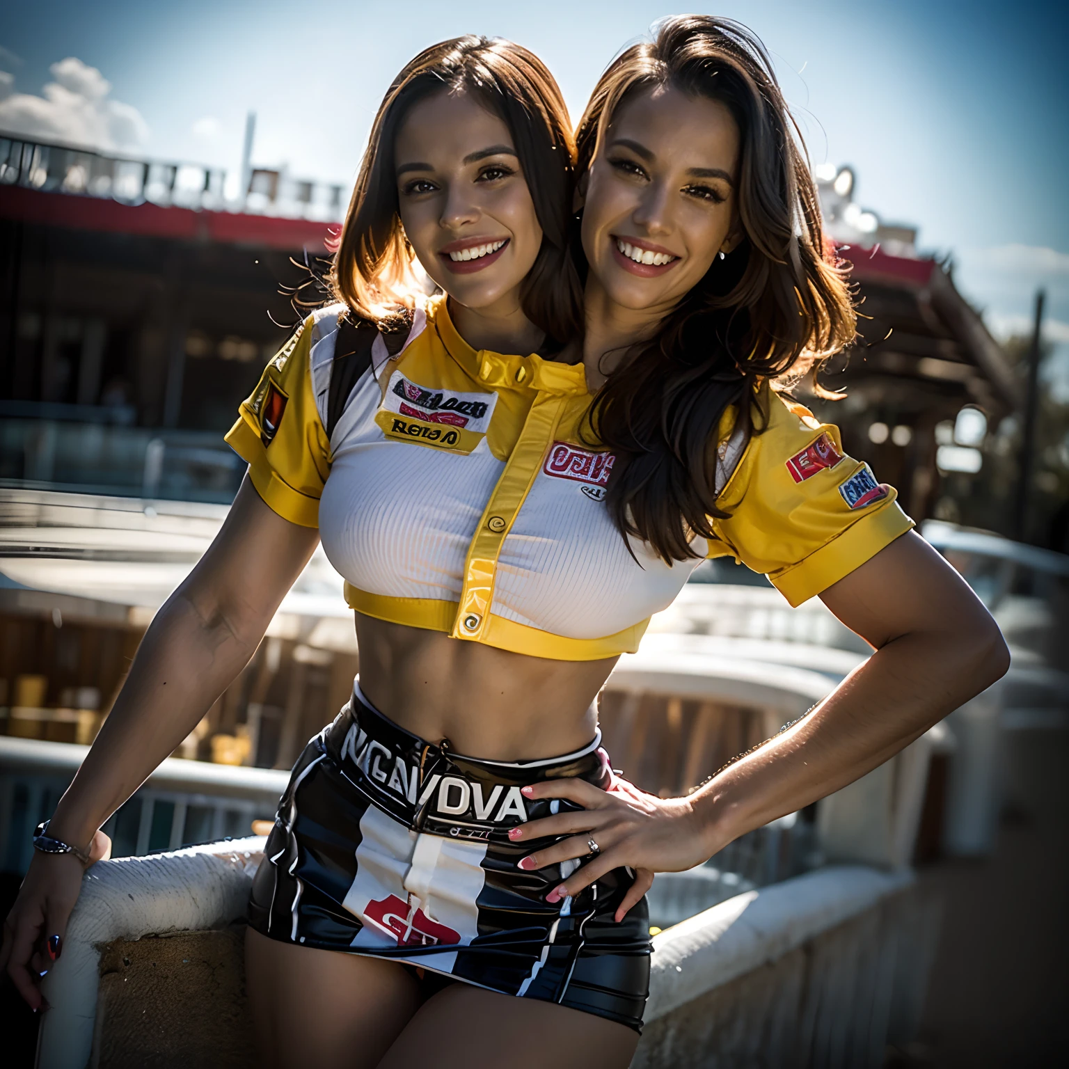 2heads:1.5, 1woman brunette, (((2heads))), Canadian, Dominican, 27 years old, wearing a neon racecar driver uniform, , sweaty, glistening skin,  wide hips, tiny waist, perky breasts,  , smiling,very detailed and realistic skin with some body hair on arms, looking at the viewer, bright lighting,, shot from below, full body, racecourse in background