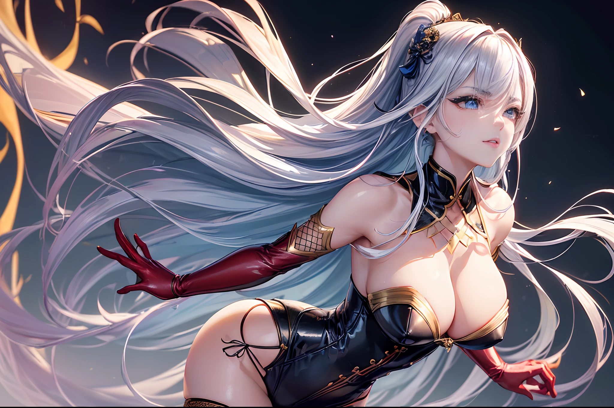 统一 8k 壁纸, a closeup，portrait of a full body，dynamicposes，Vibrant eyes，Costumes with red and gold color scheme，opulent，tack sharp focus，Volume Fog，dslr camera，film grains，de pele branca，photorealisim，nffsw, semi transparent((16ｋUHD,Raw photography,top-quality,hight resolution,Ray tracing,PBR Texture,Post-processing,ultra fine photos,sportrait,)),((( Dark blue leather bondage, Japan anime girls,Re:Life in another world starting from scratch,Emilia,Long silver hair,Big breasts that emphasize cleavage:2.0,bare hand,Thin leg,blue eyess,Elaborate limb representation,Limbs are２Boken,Total refers to５Portrayed in books,A beautiful woman with perfect body,Precisely expressed facial expressions,Beautiful fine skin))),(Complex fishnet stockings),pin heels,Leather luster :3.0,Beautiful skin,(dark red corset,Dark red bodycon),((tthin eyebrows,long eyelashes,smil,二重まぶた,)),No title required,Do not wear anything on your shoulders,Create beautiful light effects on the background,Light Particle Filter,(finerly detailed face:1.4),(​masterpiece:1.4),(top-quality:1.4), Beautiful fine skin,(Complex fishnet stockings),pin heels,Leather luster 3.0,Beautiful skin,(Blue leather corset),((tthin eyebrows,long eyelashes,smil,二重まぶた,Glossy lips)),No title required,Do not wear anything on your shoulders,(((Depicting a standing woman from her feet upwards！))),Trends on pixiv,Mystical aura,Illuminati style,Representing a woman from below with a low-angle shot,
