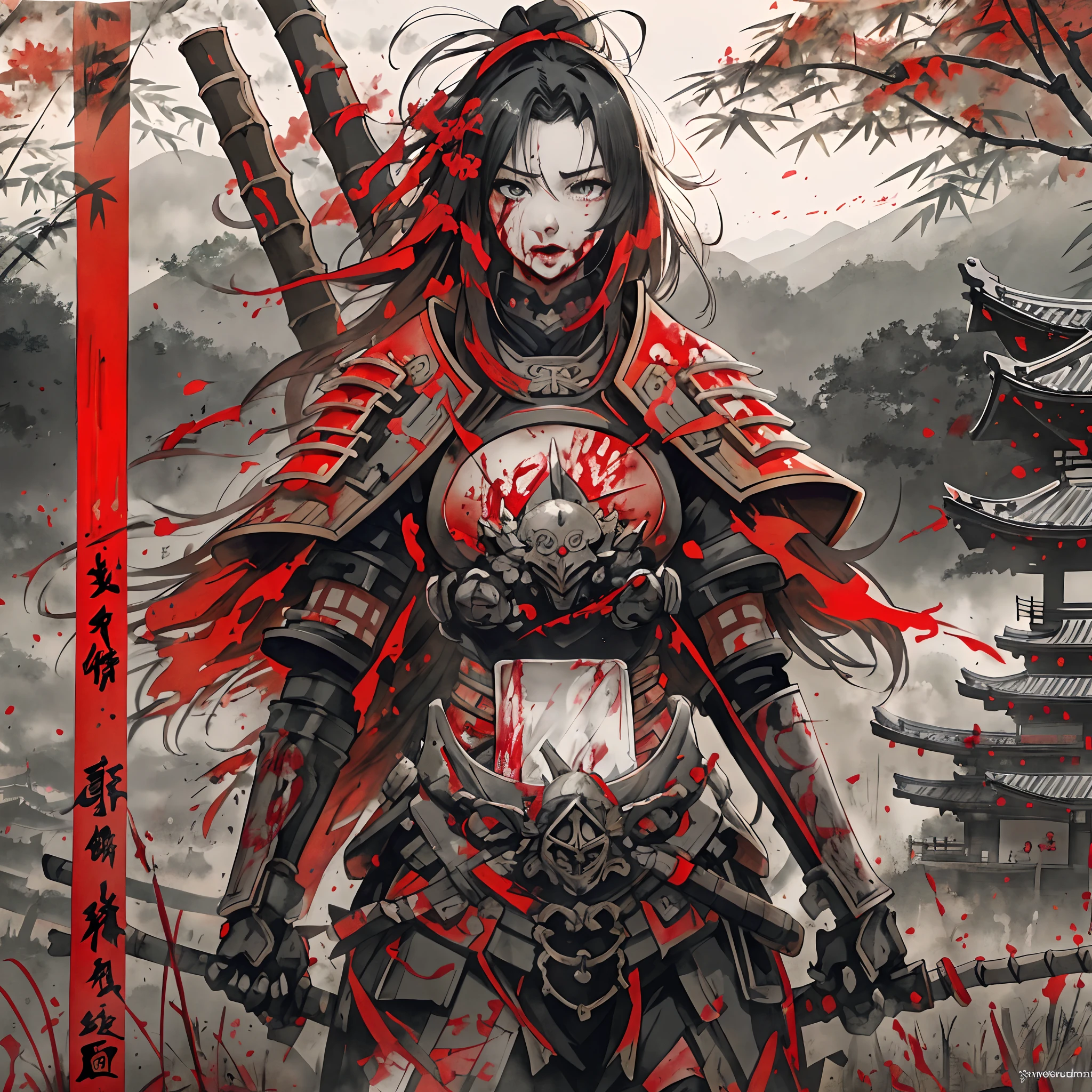 beautiful anime girl.medium boobs in black-red-white samurai armour, on a battlefield, Chinese fields in the background, detailed eyes, full-body, Monochromatic Red filter colours, warm light, bamboo staff, realistic bamboo, family crest, Japanese crest, hd armour, anime, art by Peter Mohrbacher, art by Yoji Shinkawa, war face, blood on the face, Japanese tattoos on face,