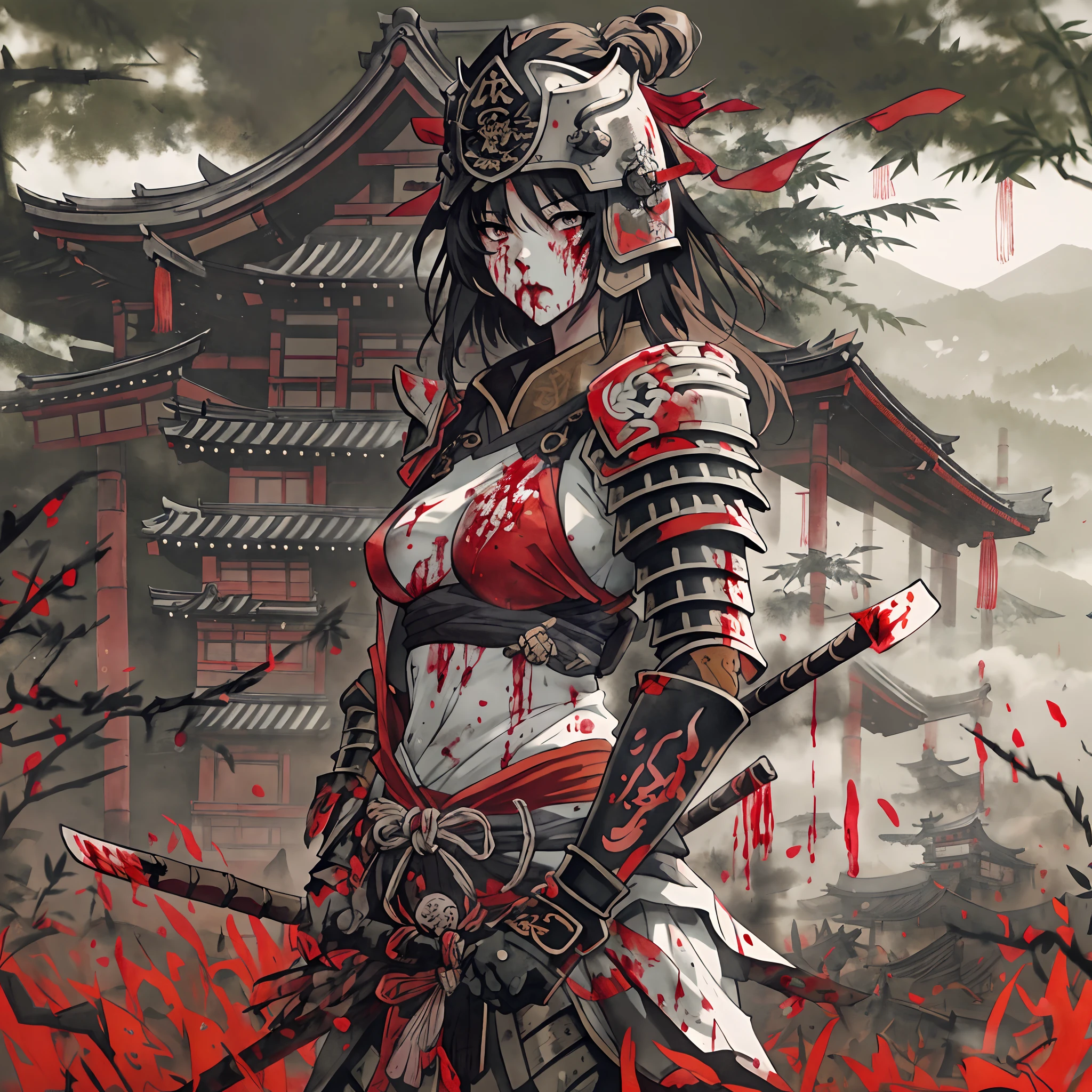 beautiful anime girl.medium boobs in black-red-white samurai armour, on a battlefield, Chinese fields in the background, detailed eyes, full-body, Monochromatic Red filter colours, warm light, bamboo staff, realistic bamboo, family crest, Japanese crest, hd armour, anime, art by Peter Mohrbacher, art by Yoji Shinkawa, war face, blood on the face, Japanese tattoos on face,