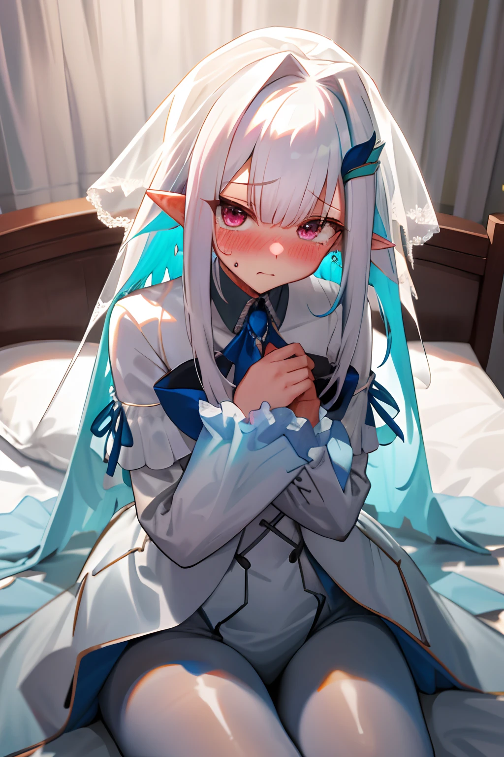 One girl with long hair, white hair, looking at viewer, embarrassed, blushing, tears, indoor , wedding dress, wedding veil, pointy ears, perfect waist, pantyhose, bed, sit on, spread legs, night atmosphere, hair ornament, incoming hug