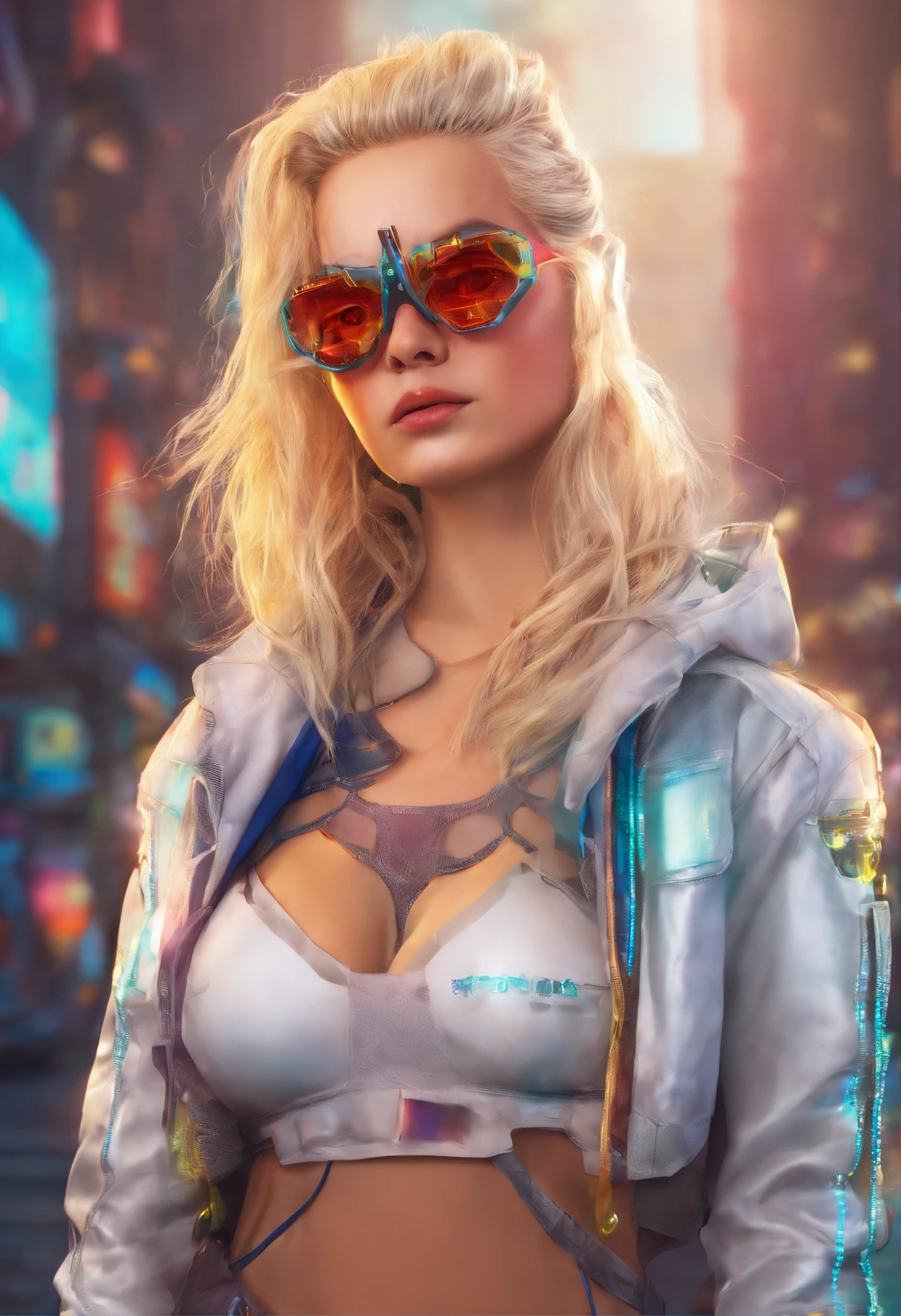Blonde woman and black jacket pose for photo, high quality portrait, Blonde Girl, Perfect white-haired girl, Ava Max, digital art. realistic photo, Inspired by Károly Lotz, made with photoshop, Hyperrealism art style, Digital Art Images, digital art!!, CL, Realistic digital painting, Blonde hair and big eyes,(high-detail: 1.2), (Canon EOS R6 Best Quality: 1.2), (10: 1.0), (MBRF-BISO: 1.0), (Many large black tattoos on the open cybernetic head in the center show the inside., detailed face, Highly detailed eyes and high-tech sunglasses with holographic display 1.2), crisp focus (awarded photograph: 1.2), (Spread under the soil surface.: 1.2), (Spread under the soil surface.: 1.2). 1.1) (Beautifully detailed robots: 1.2), ( Highly detailed hair: 1.2), (Excellent body.: 1.2), (full entire body: 1.2), (dynamic posture :1.2), Fluorescent Neon, (Cybernetic eyes in detail:1.1), close up shot (Hyper-Realistic:1.2), Role-playing games, Cyberpunk Style 2077, dramatic light, (Highly detailed futuristic cityscapes:1.2), (Science fiction: 1.2). 1.2), Professional portrait photography, by wlop Greg Rutkowski, Jeffrey Simpson, Alphonse Mucha