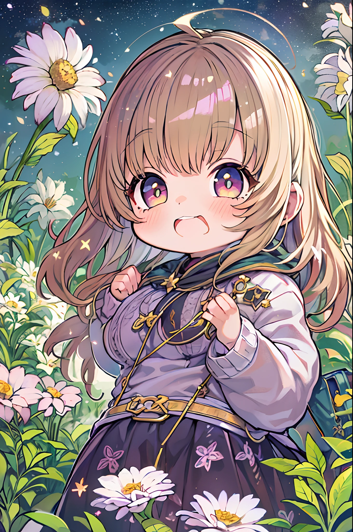 of the highest quality, high_resolution, Distinct_image, Detailed background, girl, flower, garden, Starry sky,、Chibi、Huge chubby、Ultramammy、