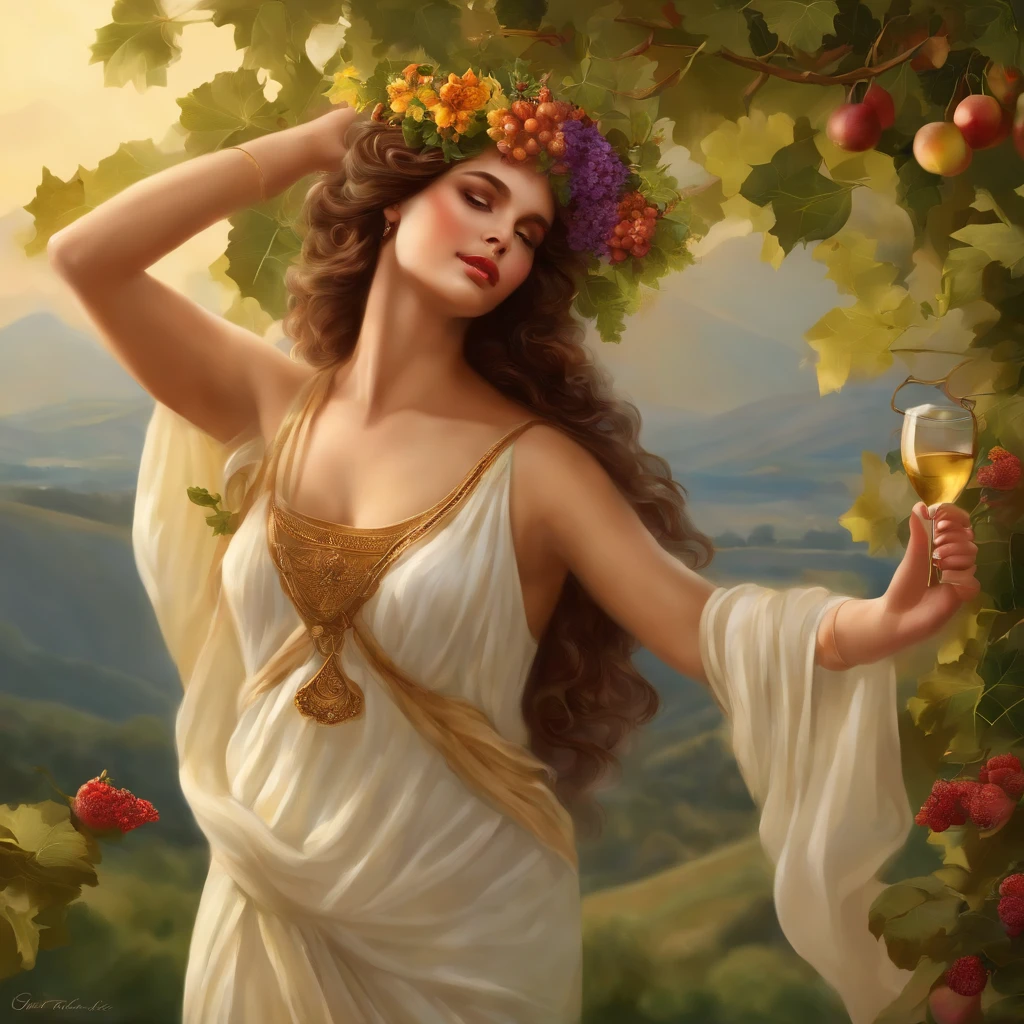 Goddess Aphrodite, bunches of grapes in her hair, narrow loincloth, Mount Olympus, red wine waterfall