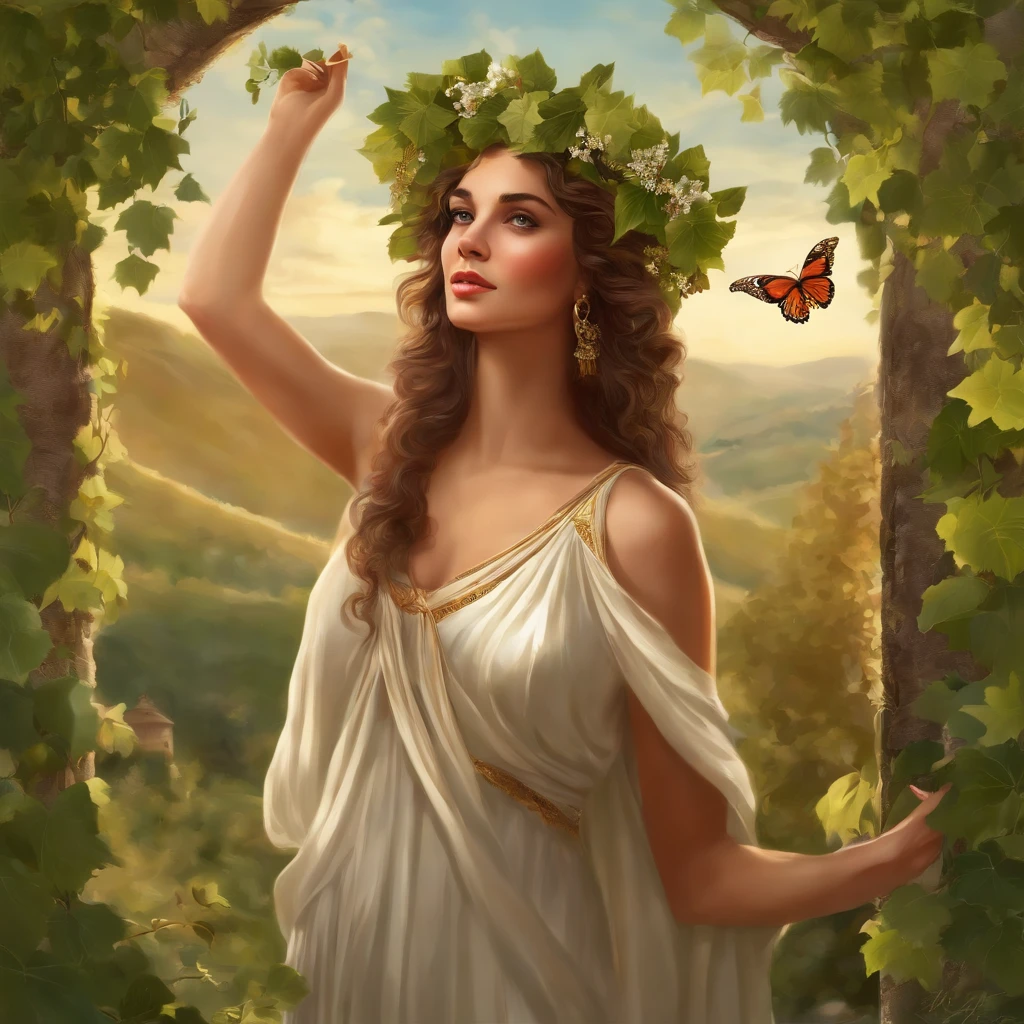 (highres:1.2),Greek maenad,beautiful detailed eyes,flowing curly hair,women in togas,enjoying the beauty of nature,holding a wine cup,with ivy wreaths on their heads,dancing ecstatically,bathed in warm sunlight,expressing joy and pleasure,green meadows and vineyards,stately olive trees,vibrant flowers and colorful butterflies,flawless complexion,exquisite facial features,happy and lively atmosphere,serene and peaceful surroundings,deep connection with nature,poetic and artistic,paintingsque scenery,harmony between humans and nature,divine and spirited,celebration of life.