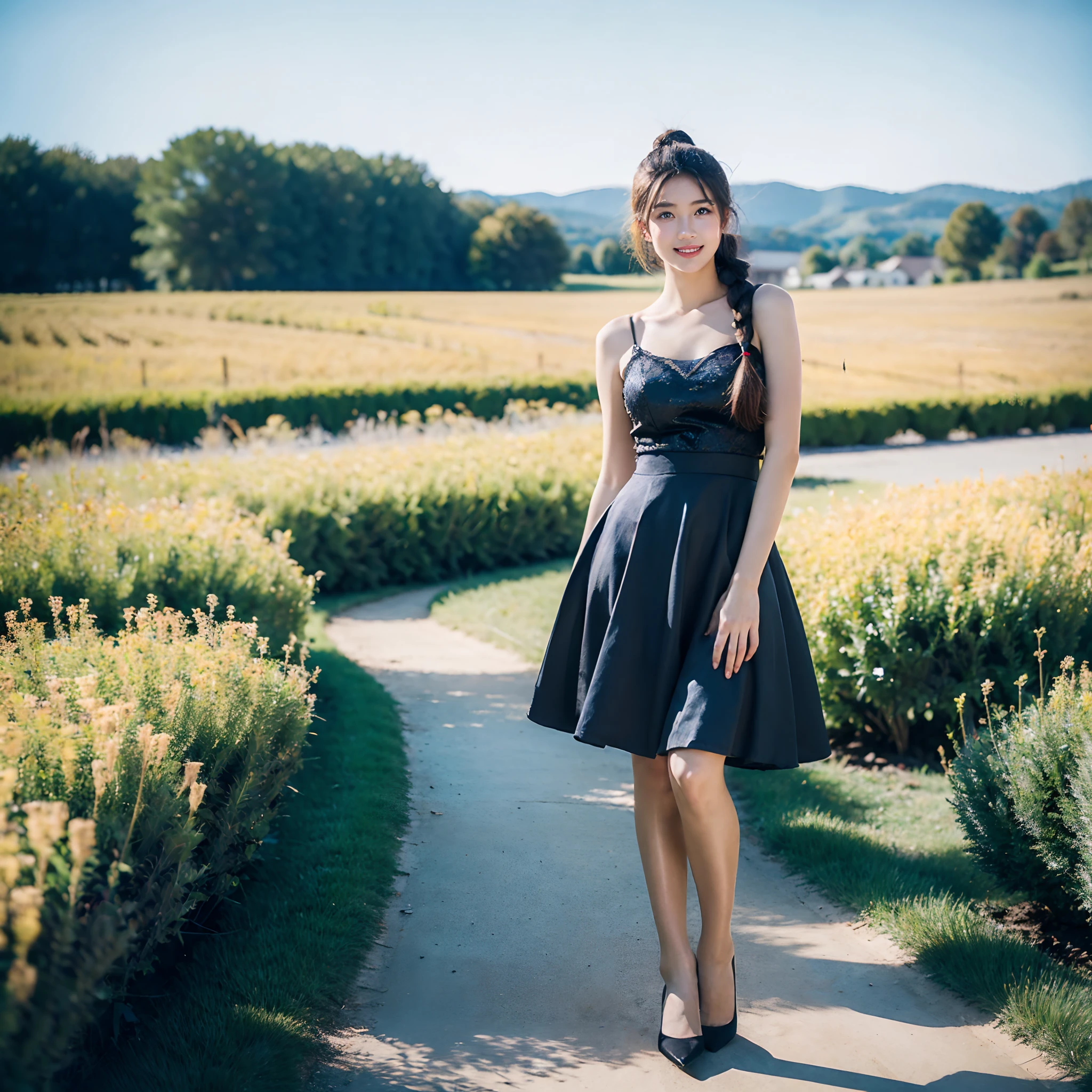 1girll, 20 years old, Tall and charming, Wear a cute country dress, hair braids, standing in a rustic farm setting. She has a soft, gentle smile and expressive eyes. The background features a charming barn, Golden wheat fields and clear blue sky. The composition should be bathed in warm prime-hour light, Soft depth of field and soft bokeh，Highlight the idyllic tranquility. Capture an image，It's as if they were shot on vintage 35mm film，Add charm, filmg,，Flesh-colored pantyhose，high-heels