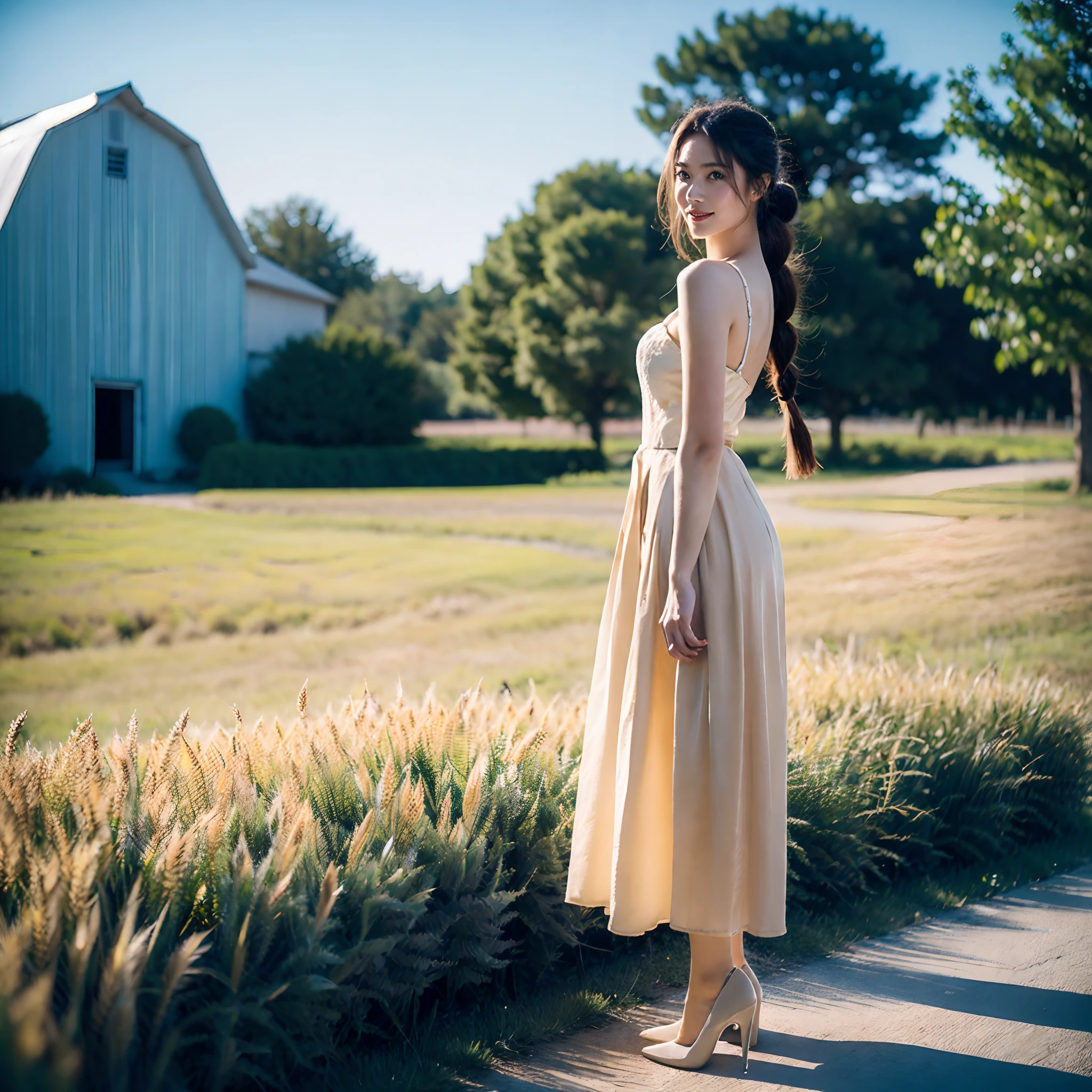 1girll, 20 years old, Tall and charming, Wear a cute country dress, hair braids, standing in a rustic farm setting. She has a soft, gentle smile and expressive eyes. The background features a charming barn, Golden wheat fields and clear blue sky. The composition should be bathed in warm prime-hour light, Soft depth of field and soft bokeh,Highlight the idyllic tranquility. Capture an image,It's as if they were shot on vintage 35mm film,Add charm, filmg,,Flesh-colored pantyhose,high-heels
