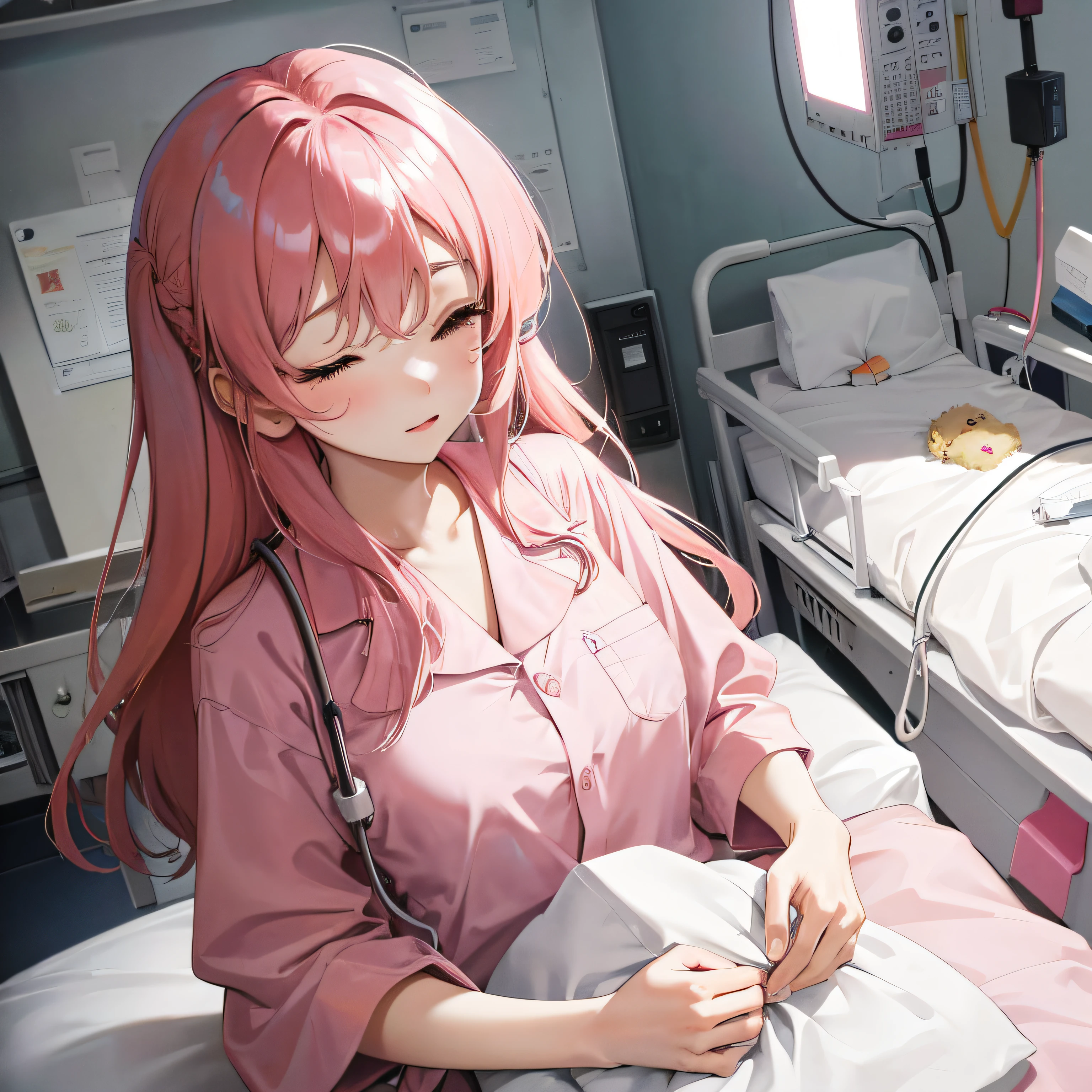 A young girl in a hospital gown,Long pink hair hanging loosely,Lie on the bed in the ward with your eyes closed,Peripheral medical equipment,The picture shows the hospital rescue scene。