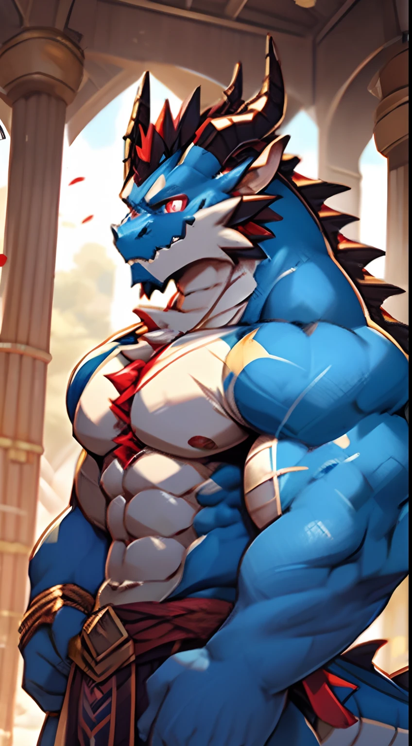 Blue Dragon Orcs，Dragon horns are golden, The dragon's horn is a bit light blue，The eyes are blood-red，There are abs，Male