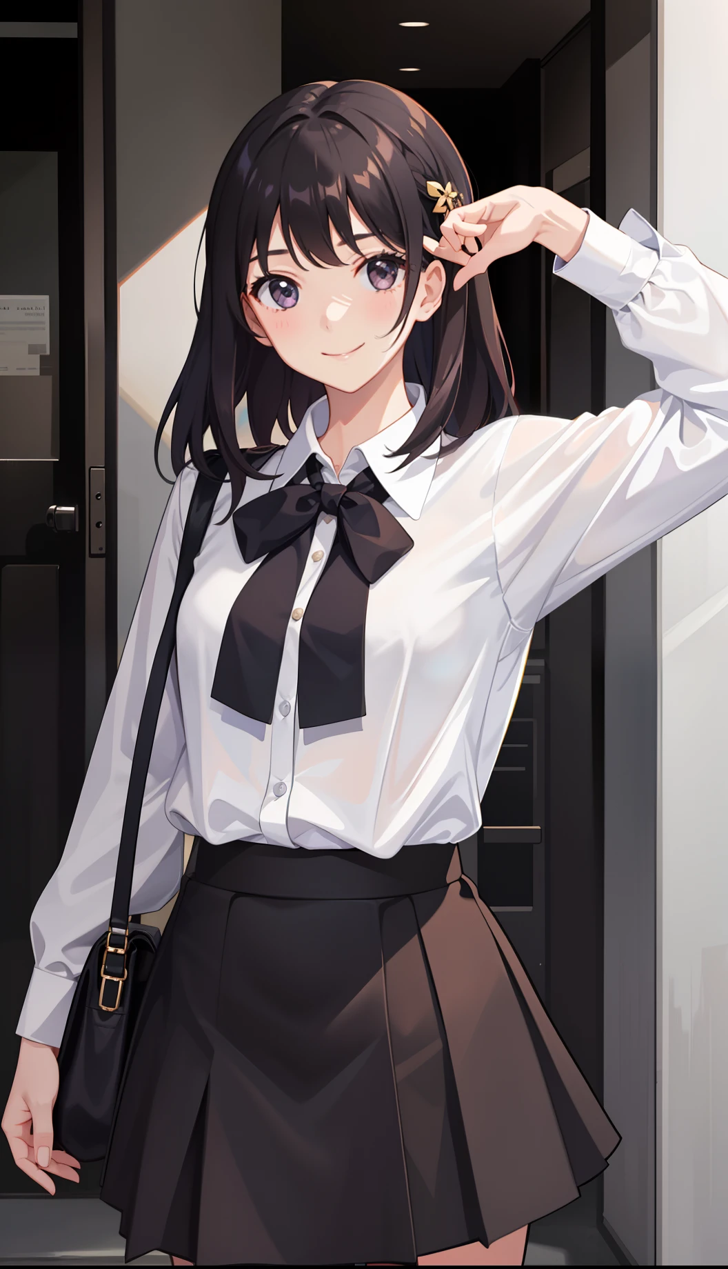 (masterpiece:1.2, best quality),1 missy,(japanese sexy woman),(erotic:1.1),office,looking_down,medium tits, big pelvis, sharp eyes,blush-frown:1.2
, white collared_shirt, black stocking, black miniskirt,short wavy hair, choker, happy_face, looking_at viewer, side view,standing, side view