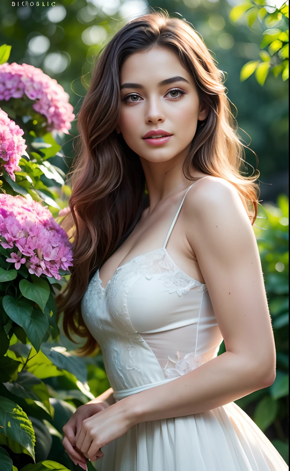 masterpiece,Digital SLR Photography,analog style,real photo,Photo of a beautiful 20 year old woman, (Lord of the Rings 1.0),dramatic lighting (85 mm),Blooming garden in the background,(detailed facial features),(Lovely, and sparkling eyes),Dynamic angle,Michelangelo's style,long hair,White dress,smile:1.4,(brown hair 1.5), Blue eyes, Elven Garden, (Slavic roots 1.6), jewelry in hair, Beautiful face, shiny hair, Ultrarealism, clear cheekbones, full lips,(chest size 3 1.2)