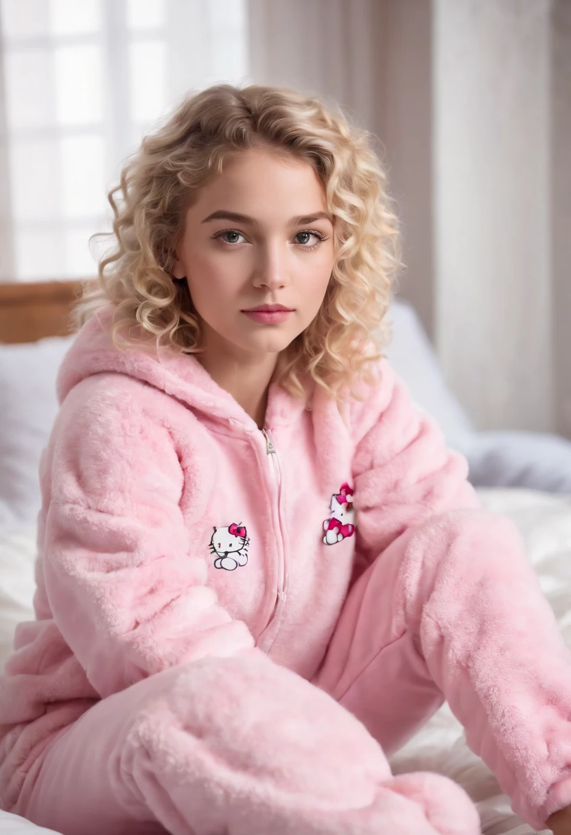 Pretty  girl with curly blonde hair with slim waist wearing mini hello kitty sweatsuit with furry slippers at a sleepover