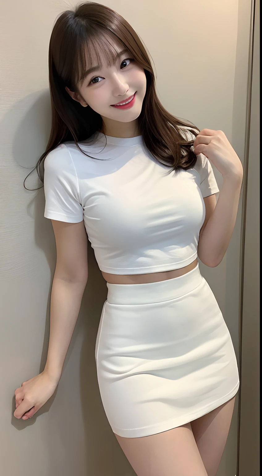 White tight shirt、White tight mini skirt、a bed、a smile、shortsleeves、high-level image quality