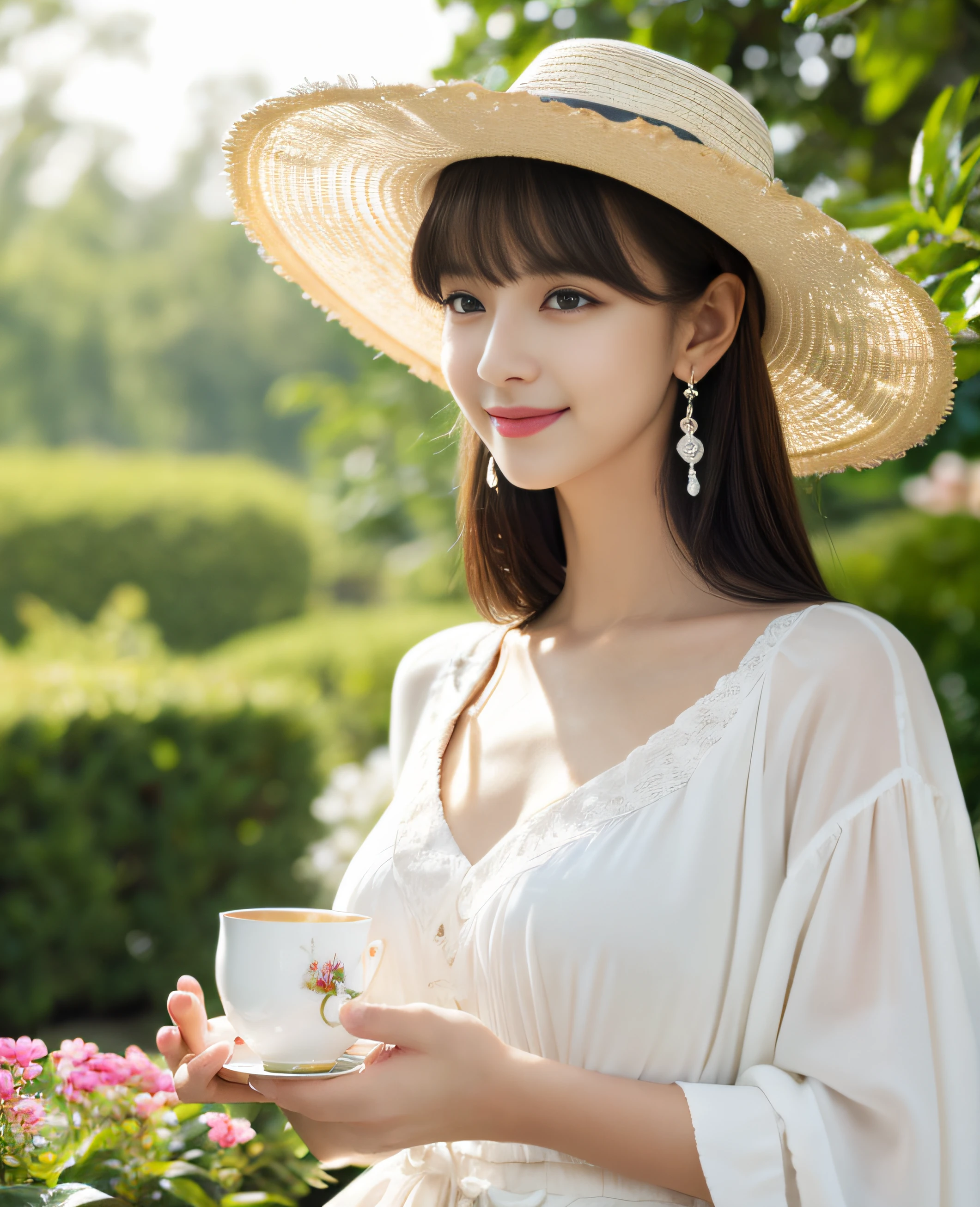 ((Masterpiece)), 8k, Masterpiece, Best Quality, 1 Girl, Solo, Realistic, Garden, Photorealistic, Super Detailed, Detailed Background, (Solo:1.4), Portrait in the Center, ((Super High resolution waist shot)), facing forward, happy expression, slender figure, realistic and highly detailed hair, intricate detail, masterpiece, top quality, standing, cityscape, outdoor, (white hat: 1.2) , (big hat: 1.2), sitting, white chair, white table, tea set on the table, white tea cup, (garden), dynamic light, quiet, calm, smile, side view, Profile, looking at the viewer, earrings, long straight black hair, asymmetrical bangs, cute baby bangs , small breasts, flat chest, natural breasts, half hair, super high resolution background, grabbing a teacup (eyes details), (details of face), (details of clothes), (ultra high resolution),