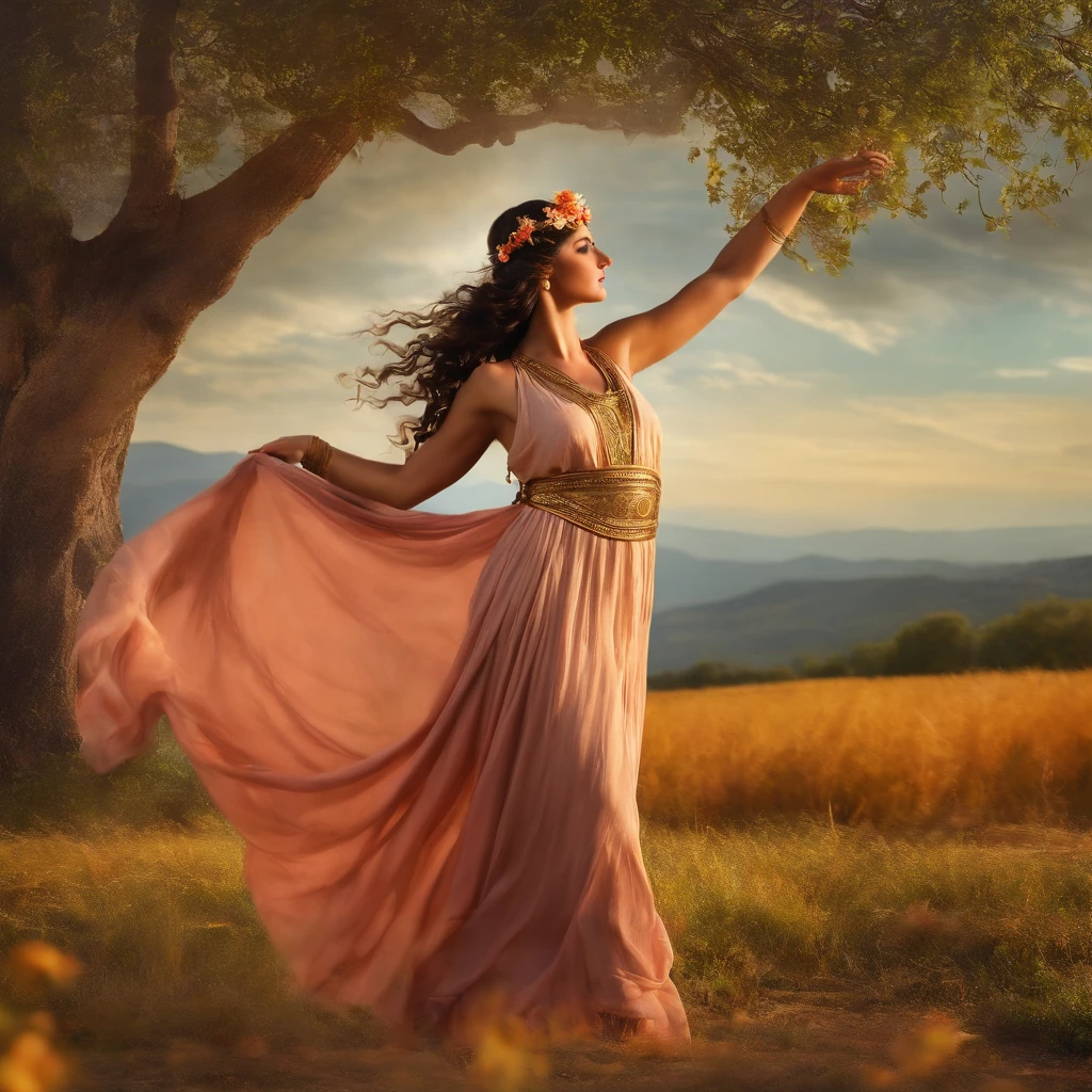 A Greek maenad in a rural landscape from Ancient Greece, women devotee of God Dionysus dancing
