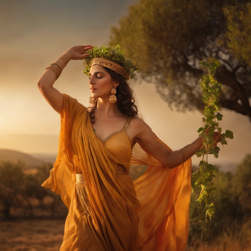 A Greek maenad in a rural landscape from Ancient Greece, women devotee of God Dionysus dancing